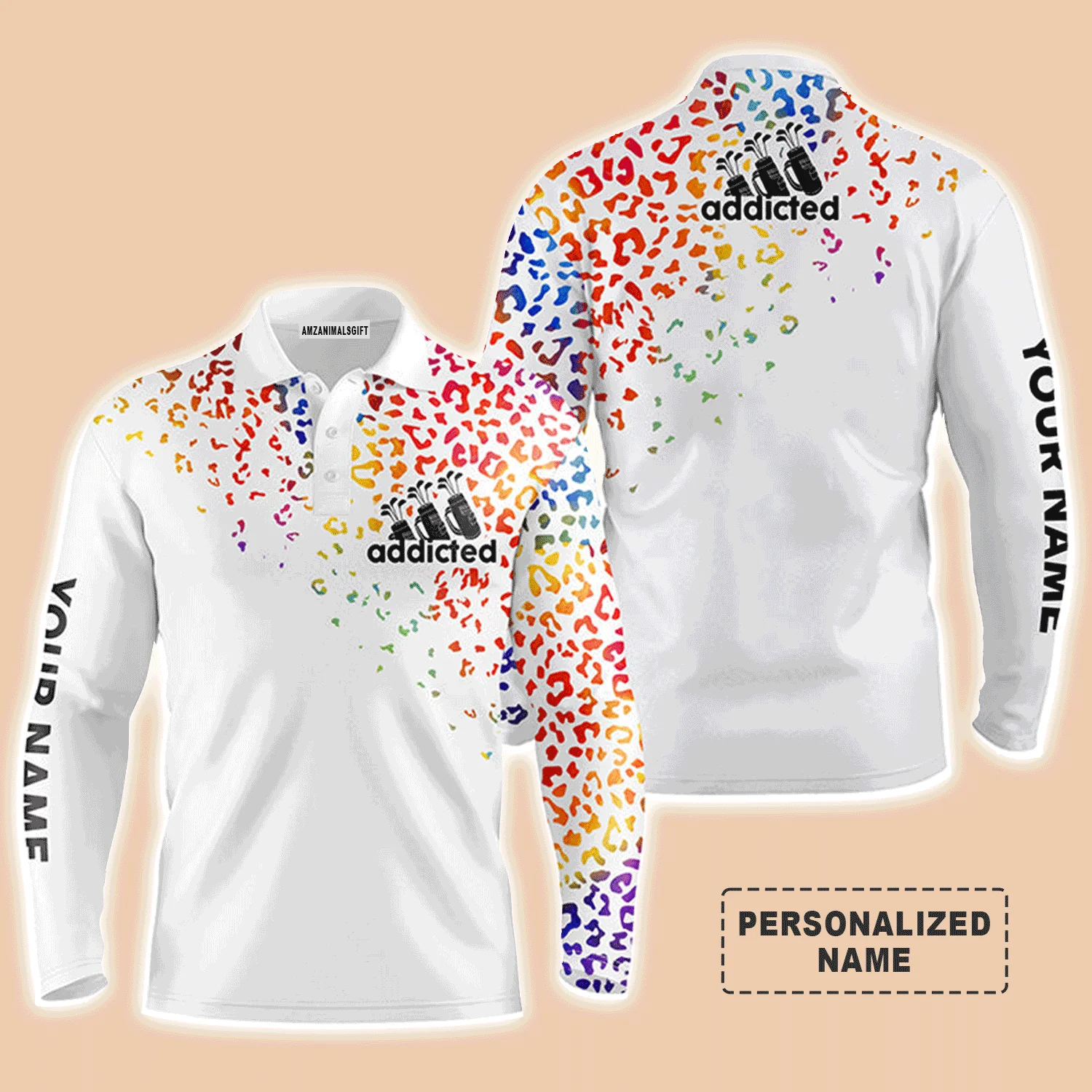 Golf Men Polo Shirt - Watercolor Leopard Addicted Custom Name Apparel - Personalized Gift For Golf Lover, Men, Dad, Team, Husband, Boyfriend - Image 3