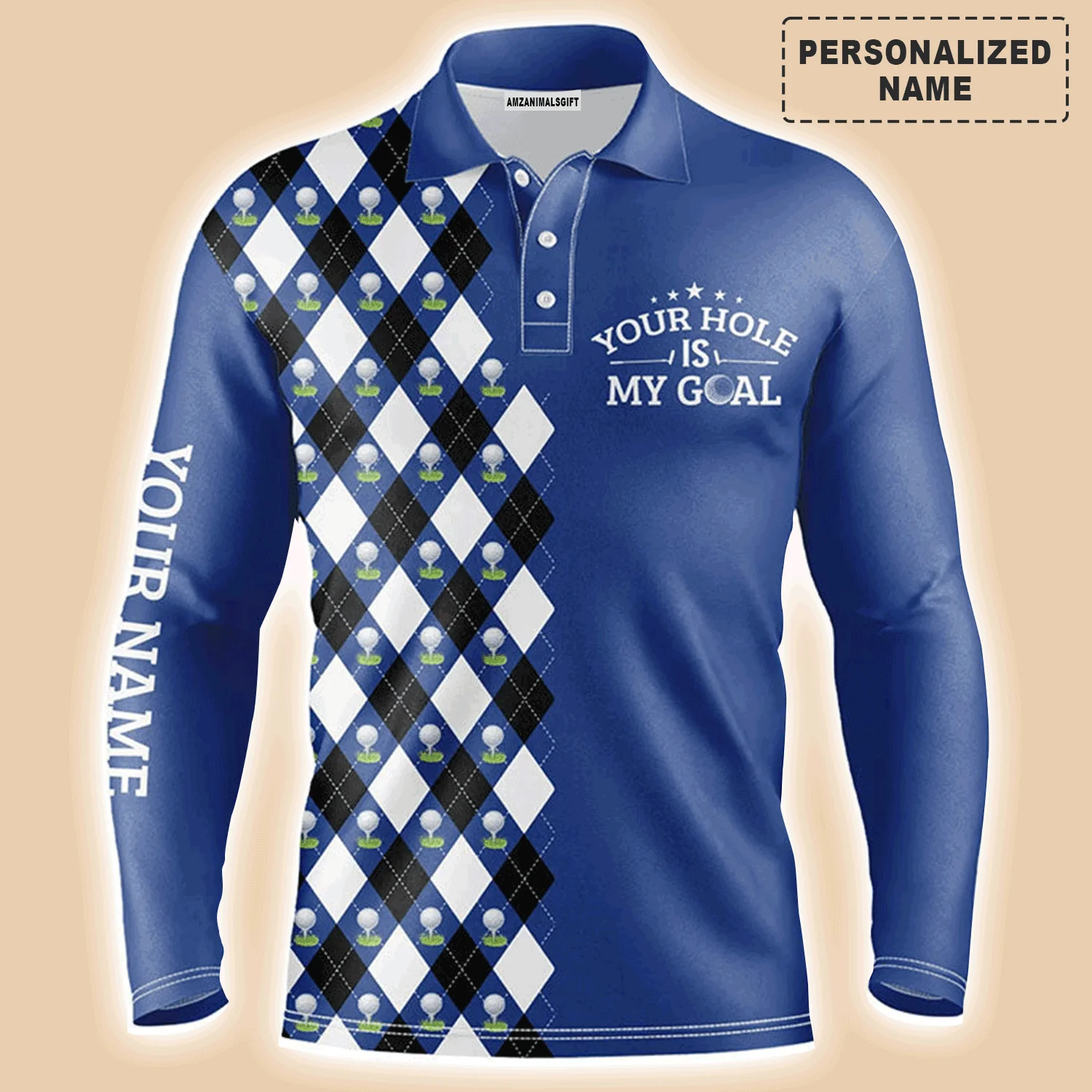 Golf Men Polo Shirts - Blue Argyle Pattern Your Hole Is My Goal Golf Polo Shirt, - Perfect Gift For Men, Golfers, Golf Lover - Image 2