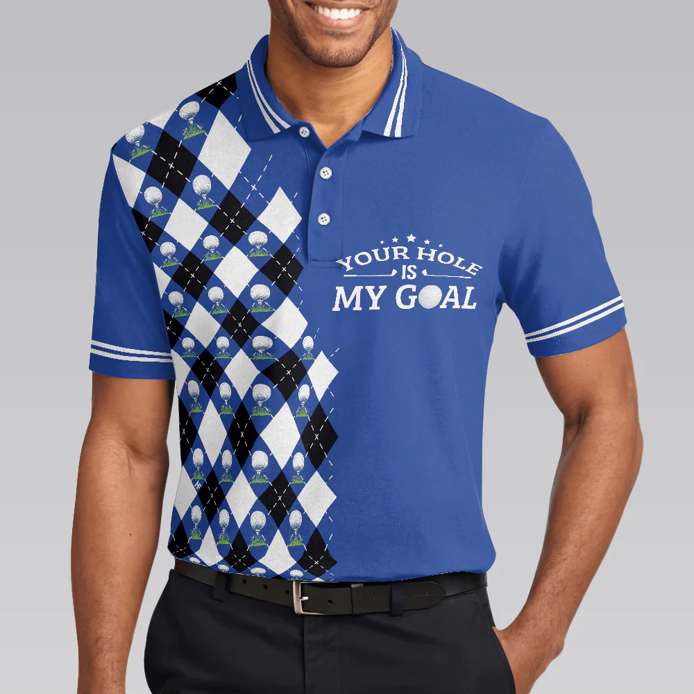 Golf Men Polo Shirts - Blue Argyle Pattern Your Hole Is My Goal Golf Polo Shirt, - Perfect Gift For Men, Golfers, Golf Lover - Image 5