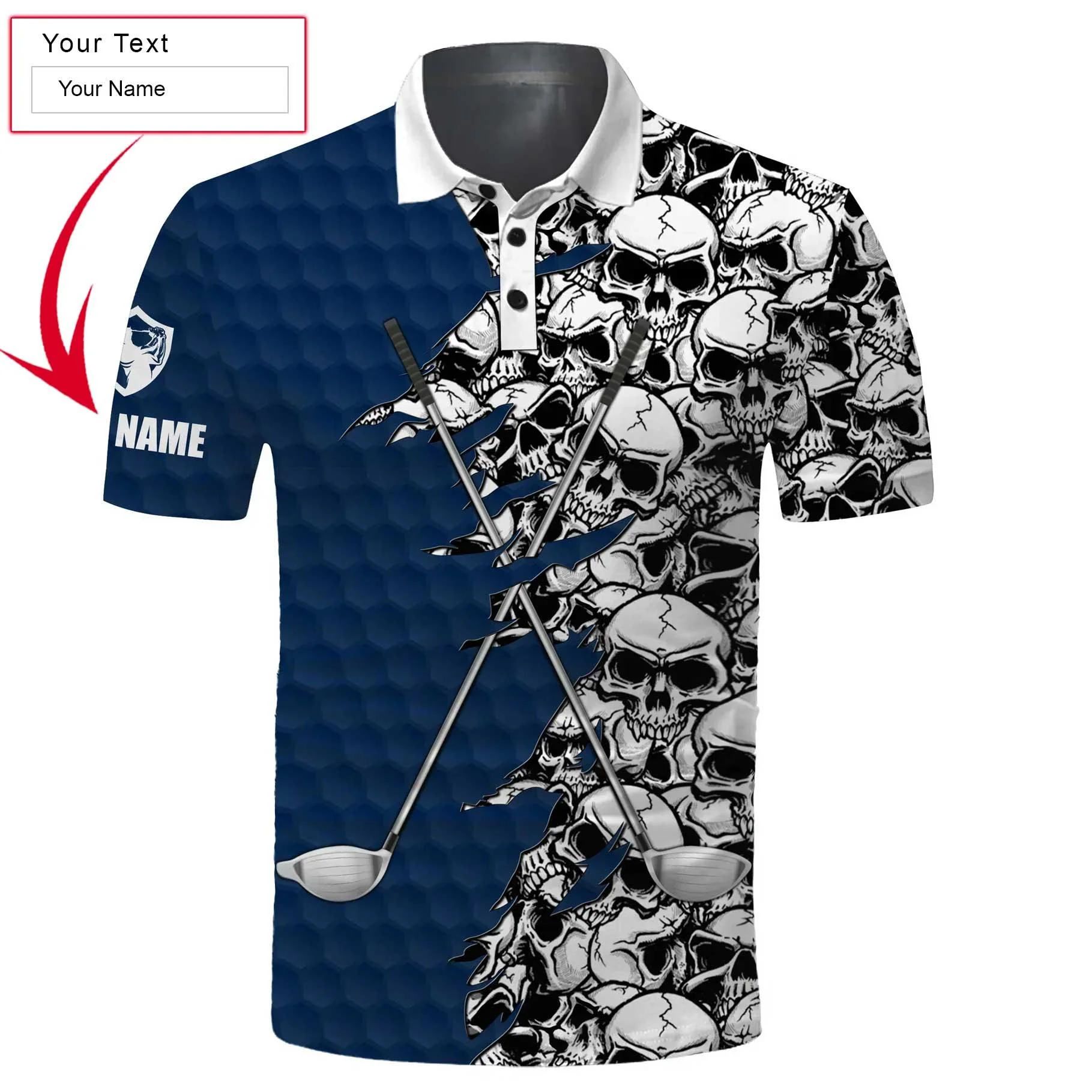 Golf Men Polo Shirts, Blue Pattern Skull golf Clubs Custom Name Golf Performance Apparel - Personalized Gift For Men, Husband, Boyfriend, Lovers