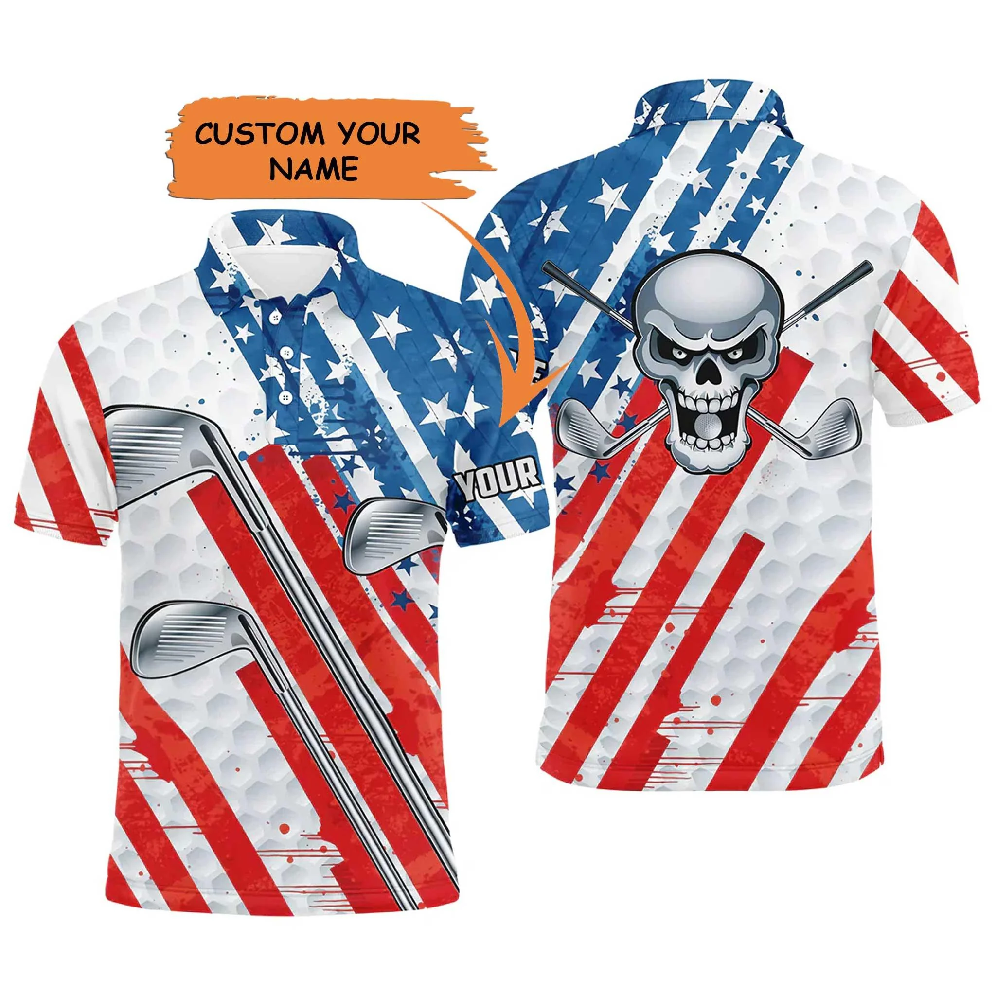 Golf Men Polo Shirts, Custom Name American Flag Skull Patriotic Golf Clubs Apparel - Personalized Sports Gift For Men, Husband, Boyfriend, Golf Lovers