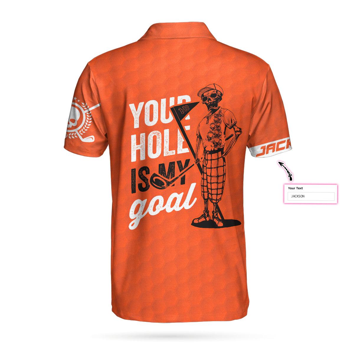Golf Men Polo Shirts - Orange American Flag Your Hole Is My Goal Bones Men's Custom Name Men Polo Shirts - Perfect Gift For Men, Golfers