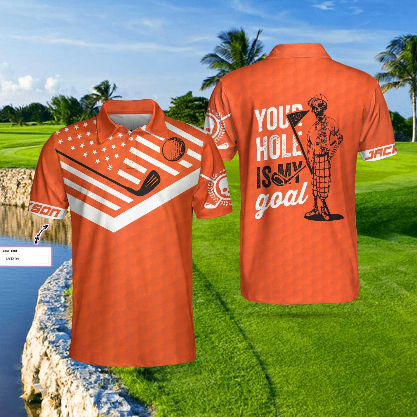Golf Men Polo Shirts - Orange American Flag Your Hole Is My Goal Bones Men's Custom Name Men Polo Shirts - Perfect Gift For Men, Golfers - Image 2