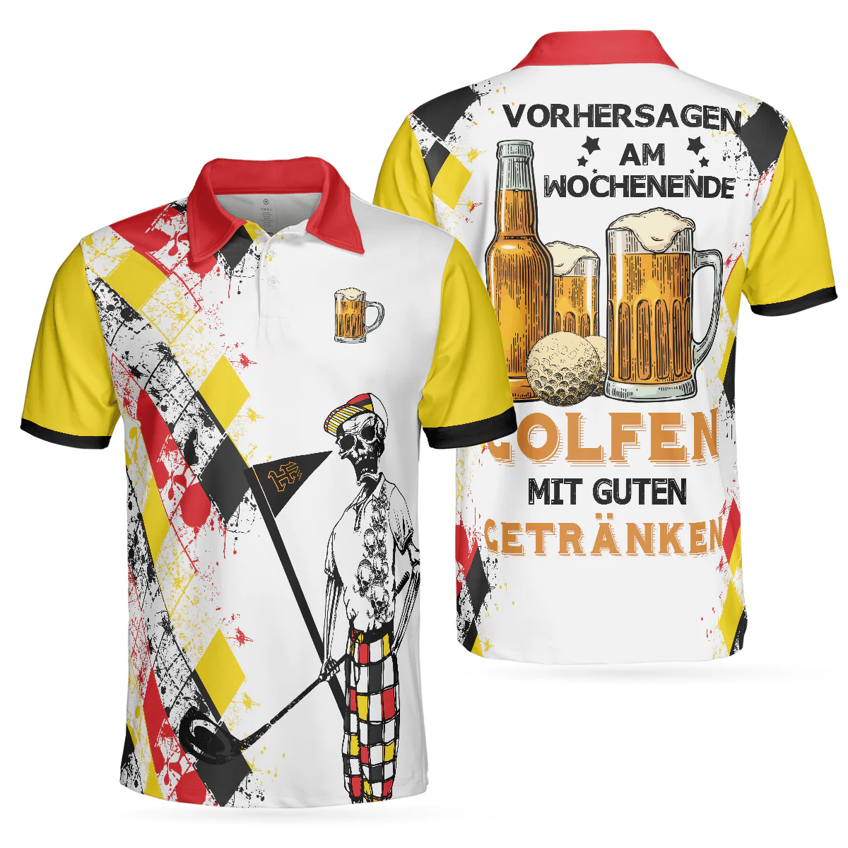 Golf Men Polo Shirts - Vorhersagen Am Wochenende German Argyle Pattern Skeleton Golfer Men Polo Shirts - Perfect Gift For Men, Golfers, Golf Lover