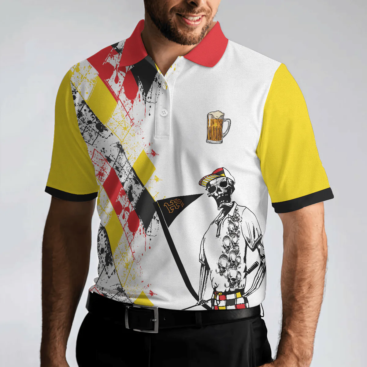 Golf Men Polo Shirts - Vorhersagen Am Wochenende German Argyle Pattern Skeleton Golfer Men Polo Shirts - Perfect Gift For Men, Golfers, Golf Lover - Image 5