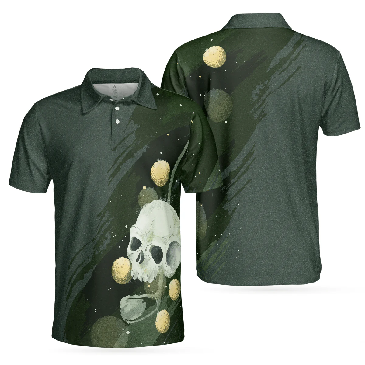 Golf Men Polo Shirts - Water Color Golf Skull With Golf Ball Dark Green Background Men Polo Shirts - Perfect Gift For Men, Golfers, Golf Lover