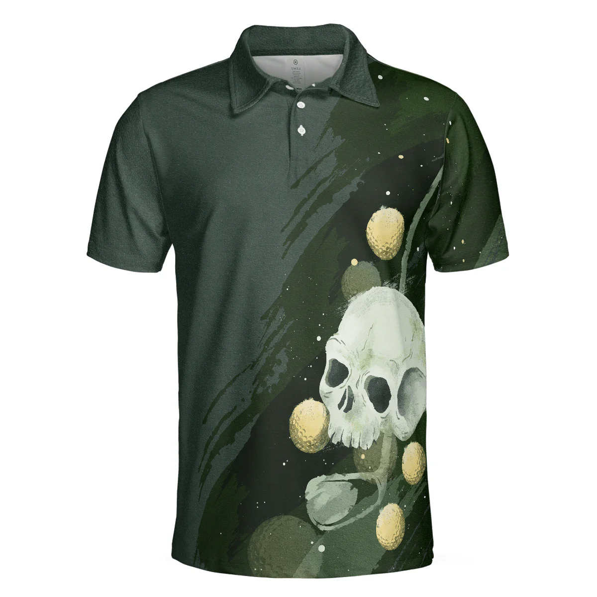 Golf Men Polo Shirts - Water Color Golf Skull With Golf Ball Dark Green Background Men Polo Shirts - Perfect Gift For Men, Golfers, Golf Lover - Image 2