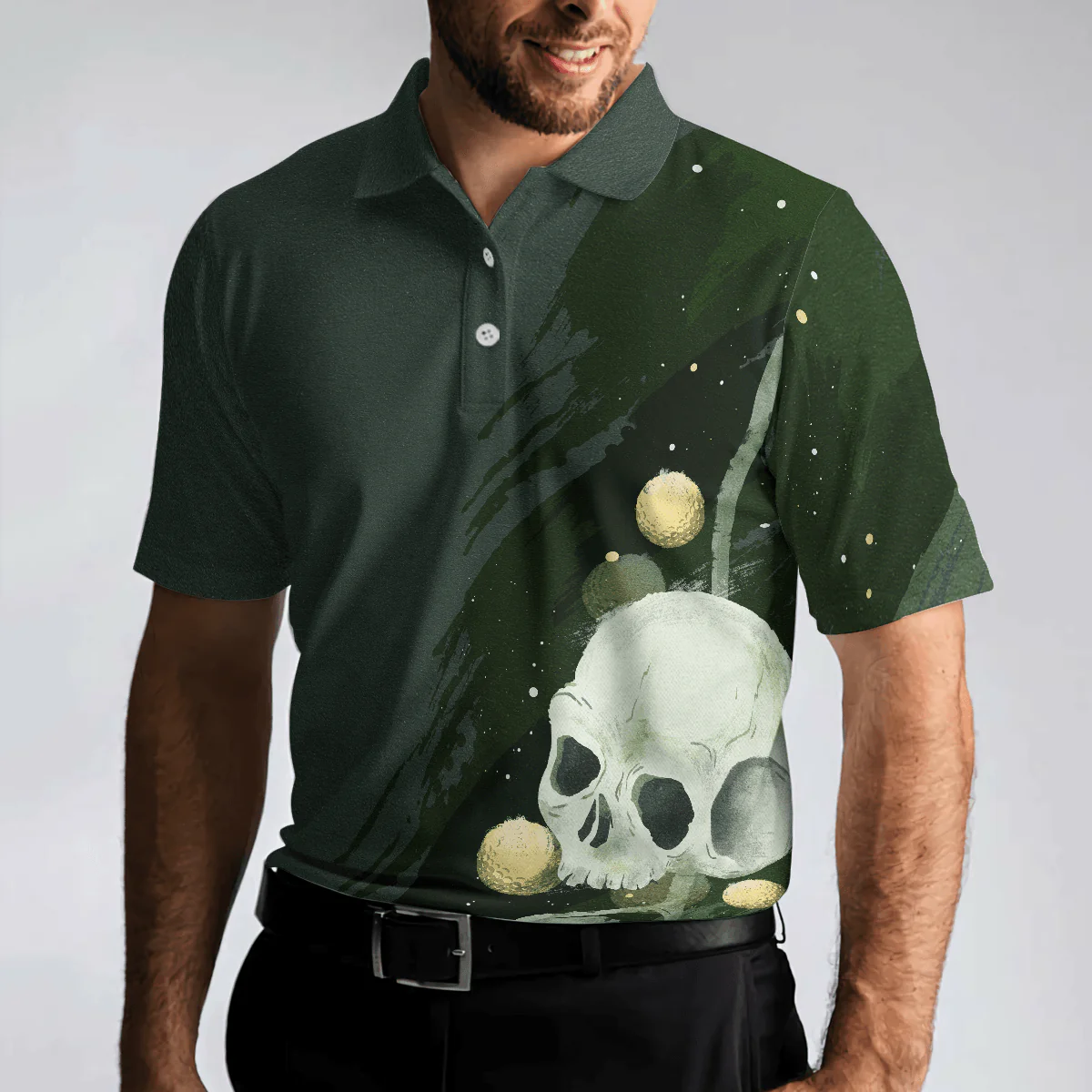 Golf Men Polo Shirts - Water Color Golf Skull With Golf Ball Dark Green Background Men Polo Shirts - Perfect Gift For Men, Golfers, Golf Lover - Image 4