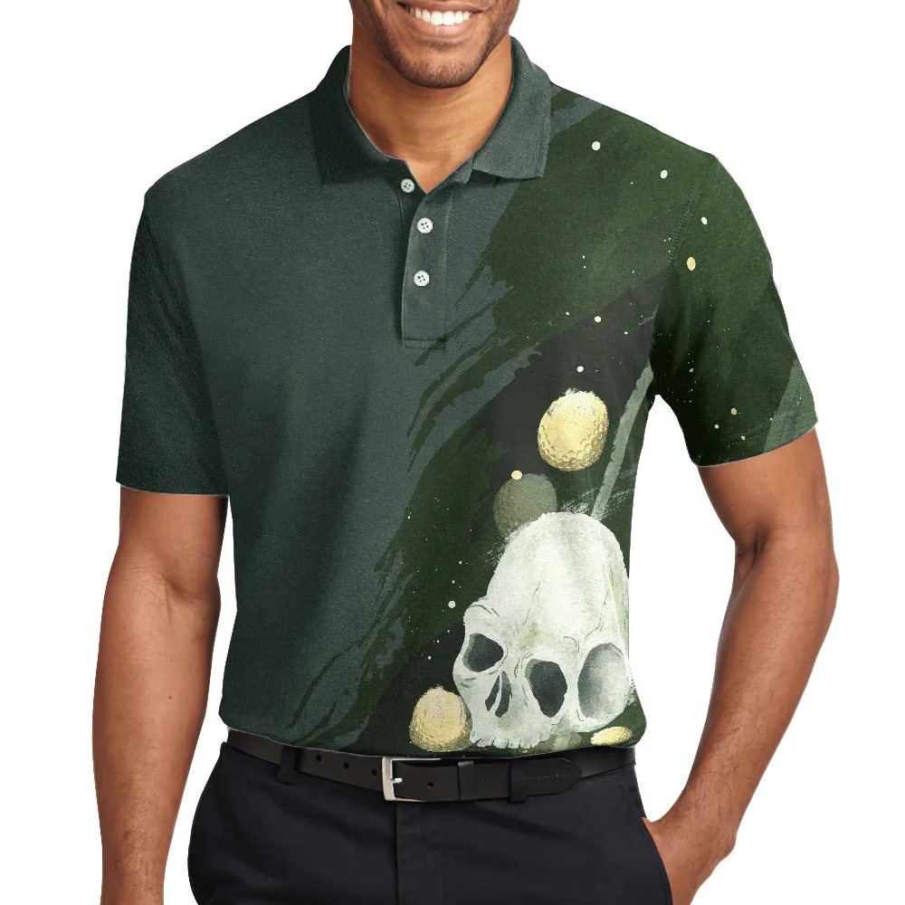Golf Men Polo Shirts - Water Color Golf Skull With Golf Ball Dark Green Background Men Polo Shirts - Perfect Gift For Men, Golfers, Golf Lover - Image 5