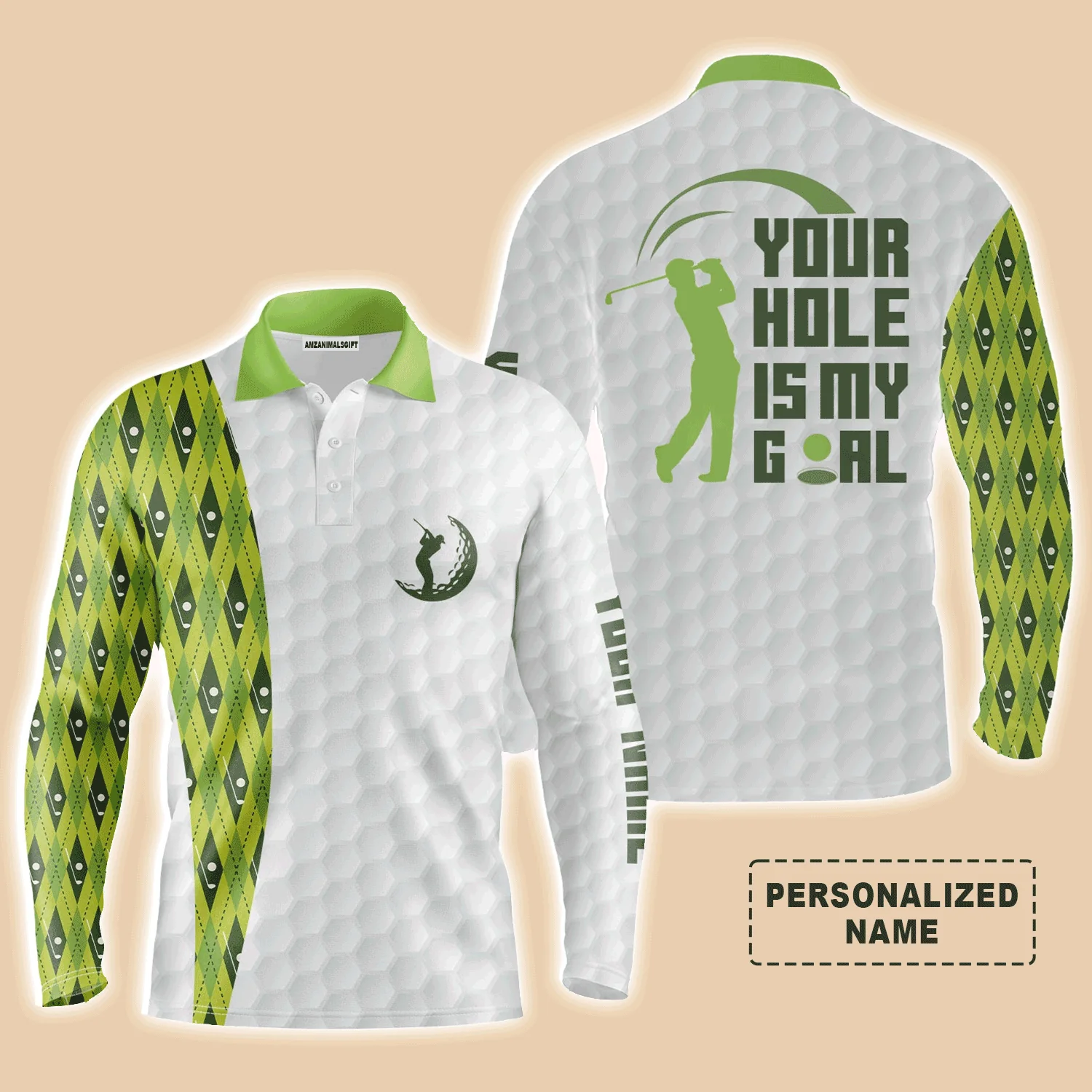 Golf Men Polo Shirts - Your Hole Is My Goal Green Argyle Pattern Polo Shirt, White And Green Golfing Shirt For Male Golfers - Perfect Gift For Men - Image 3