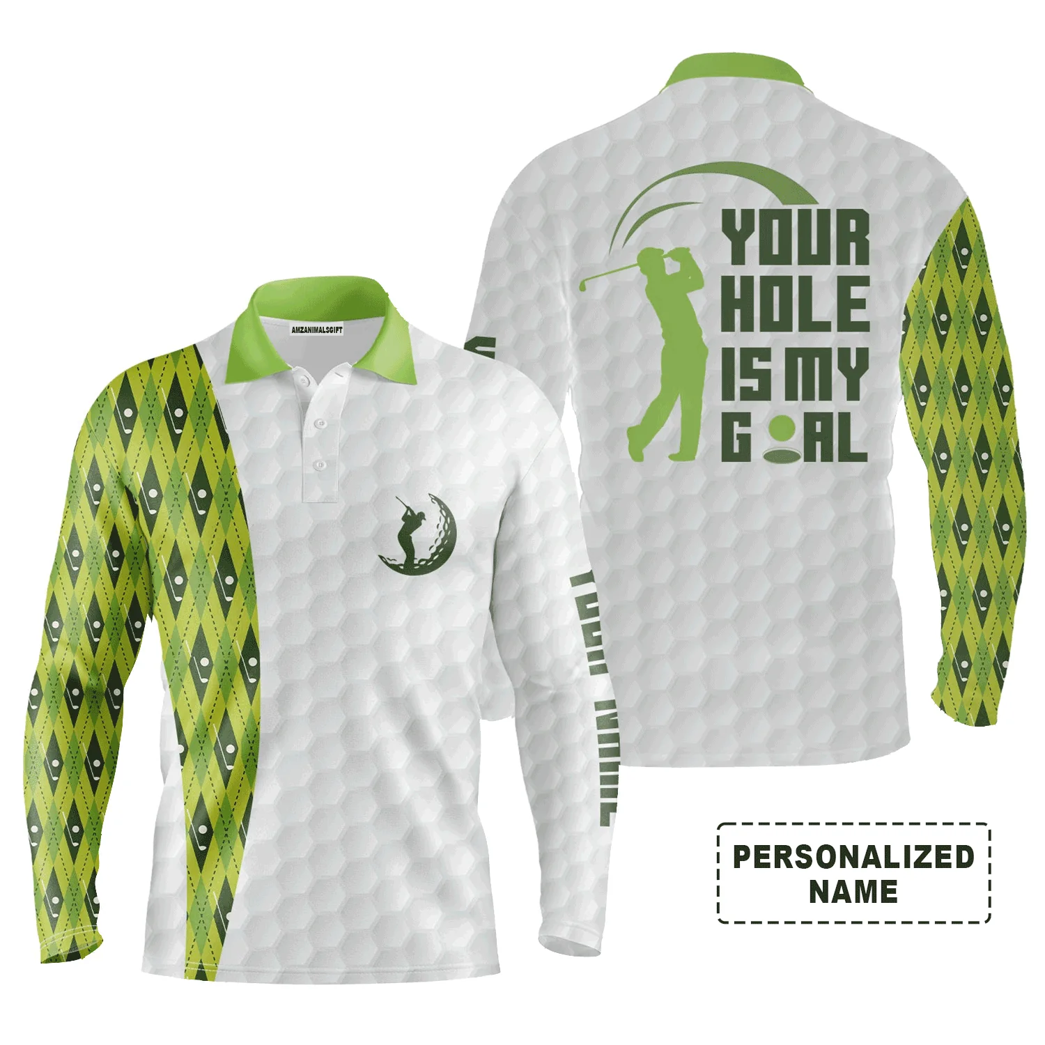 Golf Men Polo Shirts - Your Hole Is My Goal Green Argyle Pattern Polo Shirt, White And Green Golfing Shirt For Male Golfers - Perfect Gift For Men - Image 4