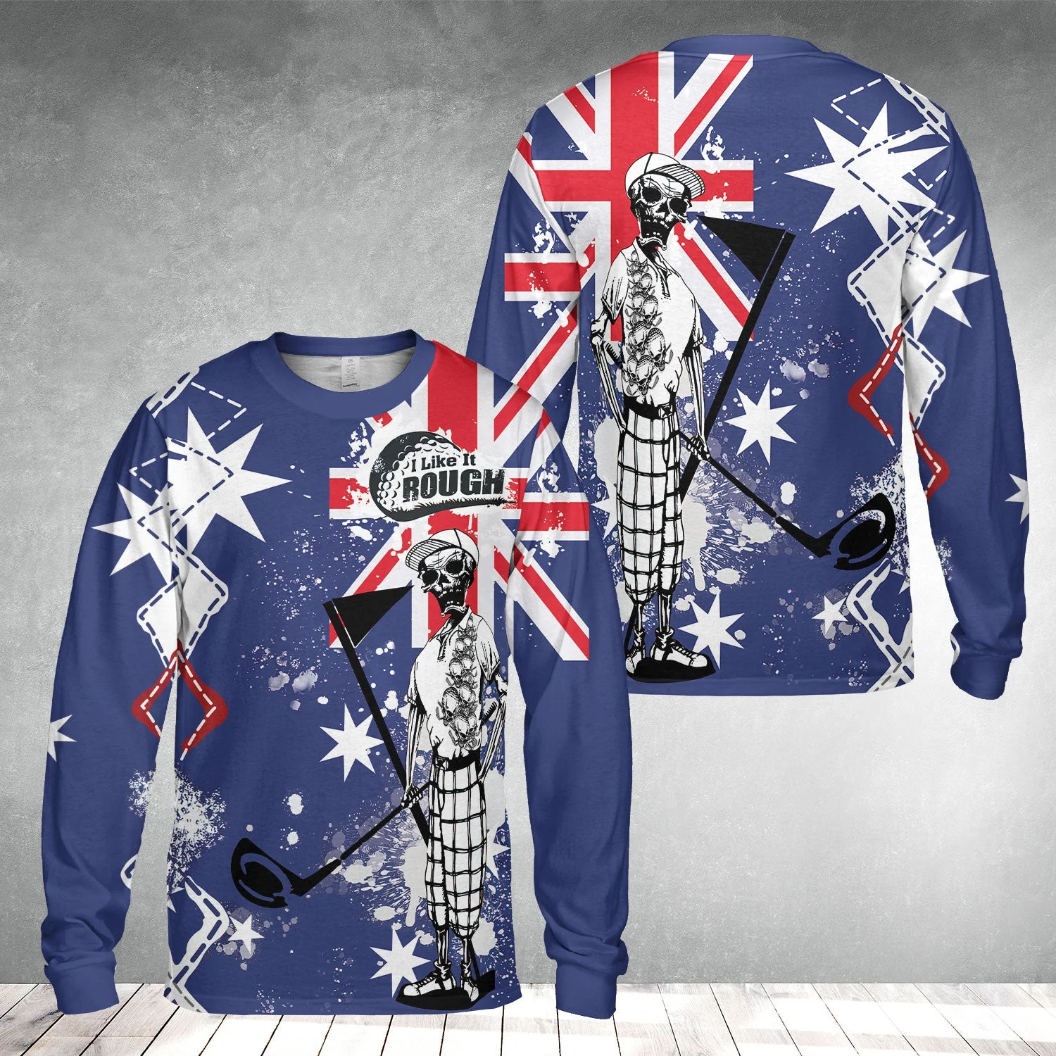 Golf Men's Long Sleeve Polo Shirt, Argyle Pattern Skeleton Golfing, Golf I Like It Rough Australian Flag Long Sleeve Polo Shirt For Men - Best Gift For Golfers, Golf Lovers - Image 11