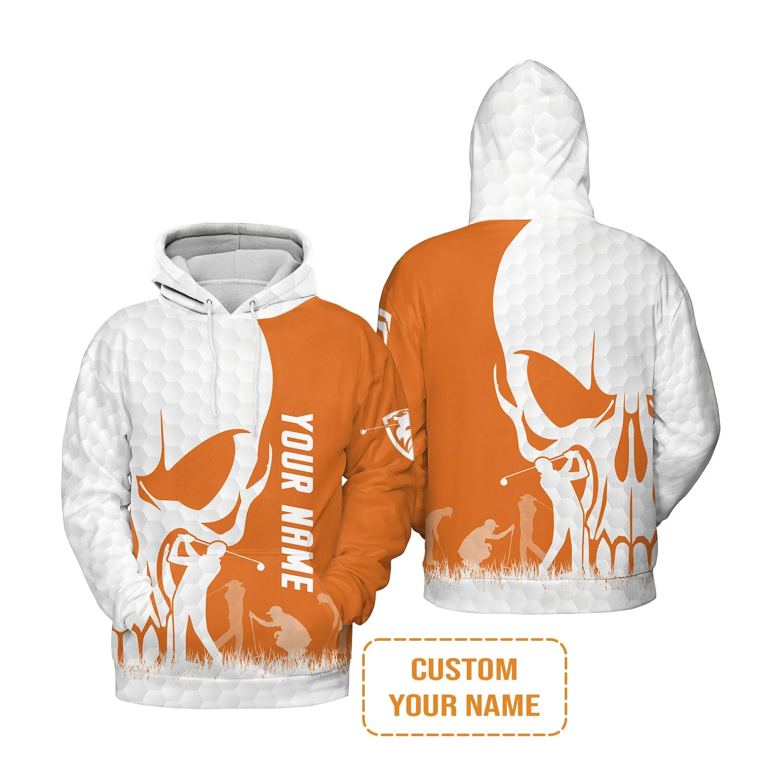 Golf Men's Long Sleeve Polo Shirt - Custom Name Skull White Golf Ball, Orange Apparel - Personalized Gift For Golf Lover, Team, Husband, Boyfriend, Men - Image 6