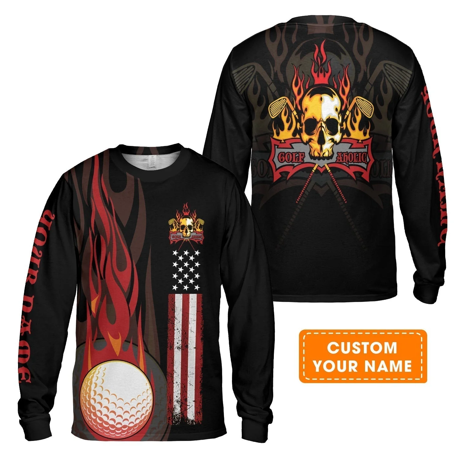 Golf Men's Long Sleeve Polo Shirt - Flame Skull Golf Ball American Flag Custom Name Long Sleeve Polo Shirt - Personalized Gift For Golf Lover, Men, Patriotic - Image 6