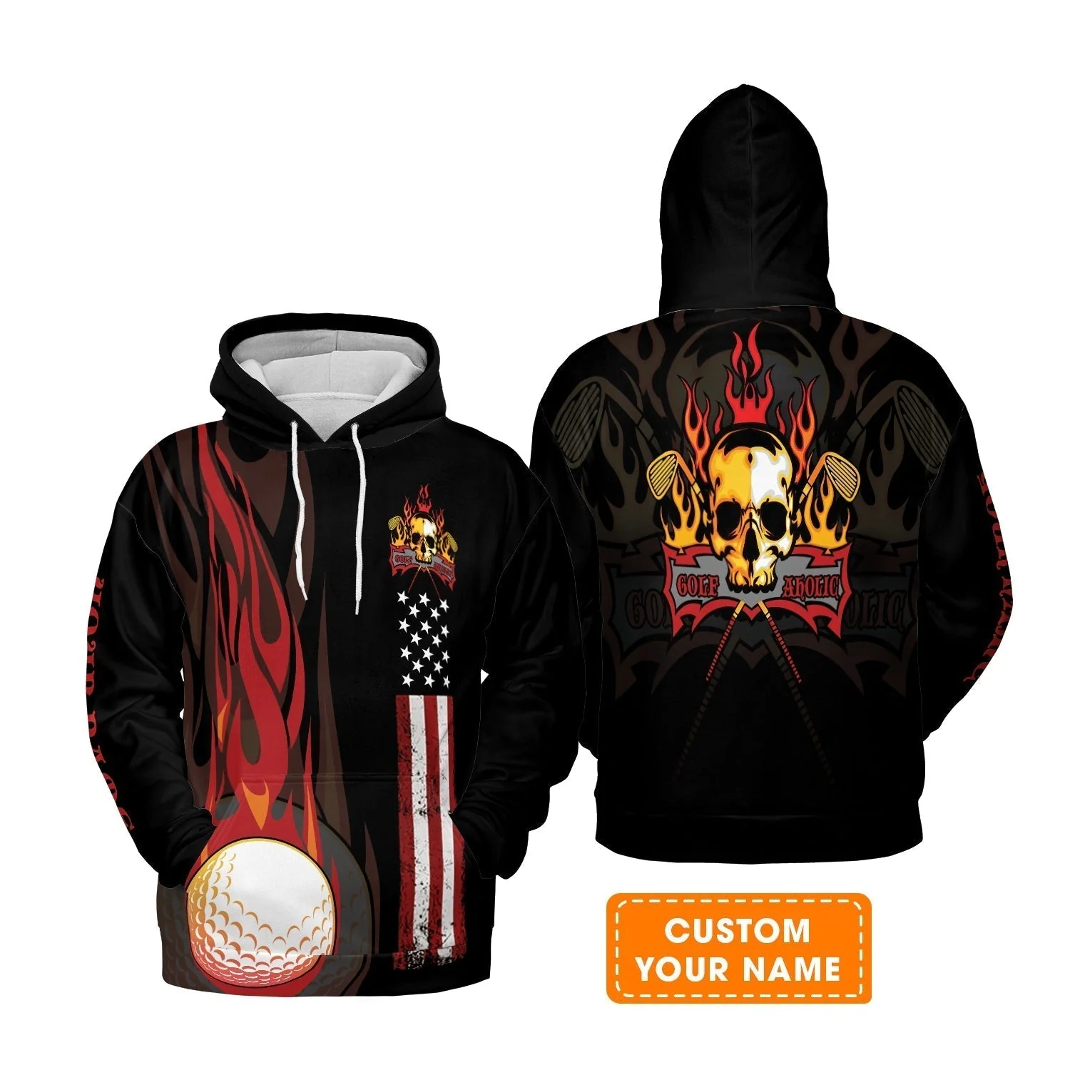 Golf Men's Long Sleeve Polo Shirt - Flame Skull Golf Ball American Flag Custom Name Long Sleeve Polo Shirt - Personalized Gift For Golf Lover, Men, Patriotic - Image 8