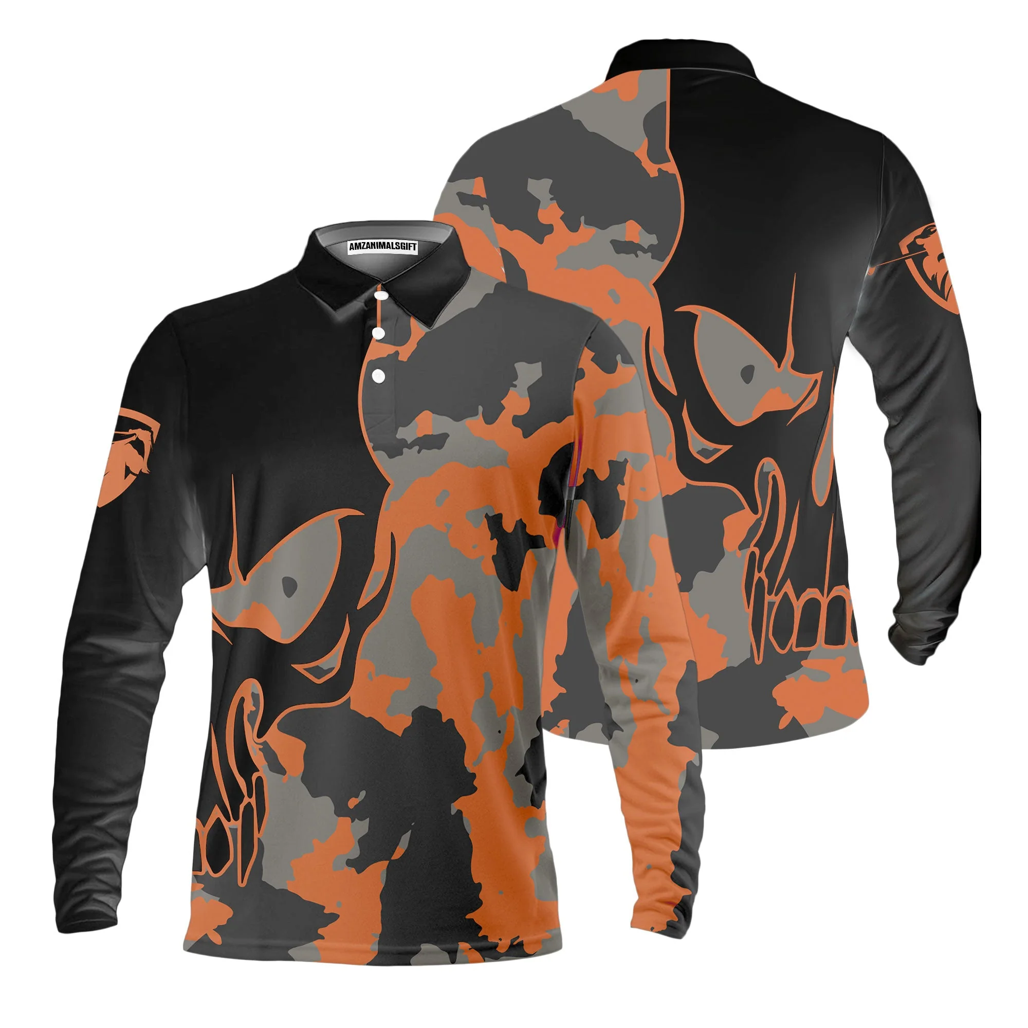 Golf Men's Long Sleeve Polo Shirt - Skull Orange Camouflage Golf Long Sleeve Polo Shirt, Streetwear Camo Golf Shirt For Men - Image 2