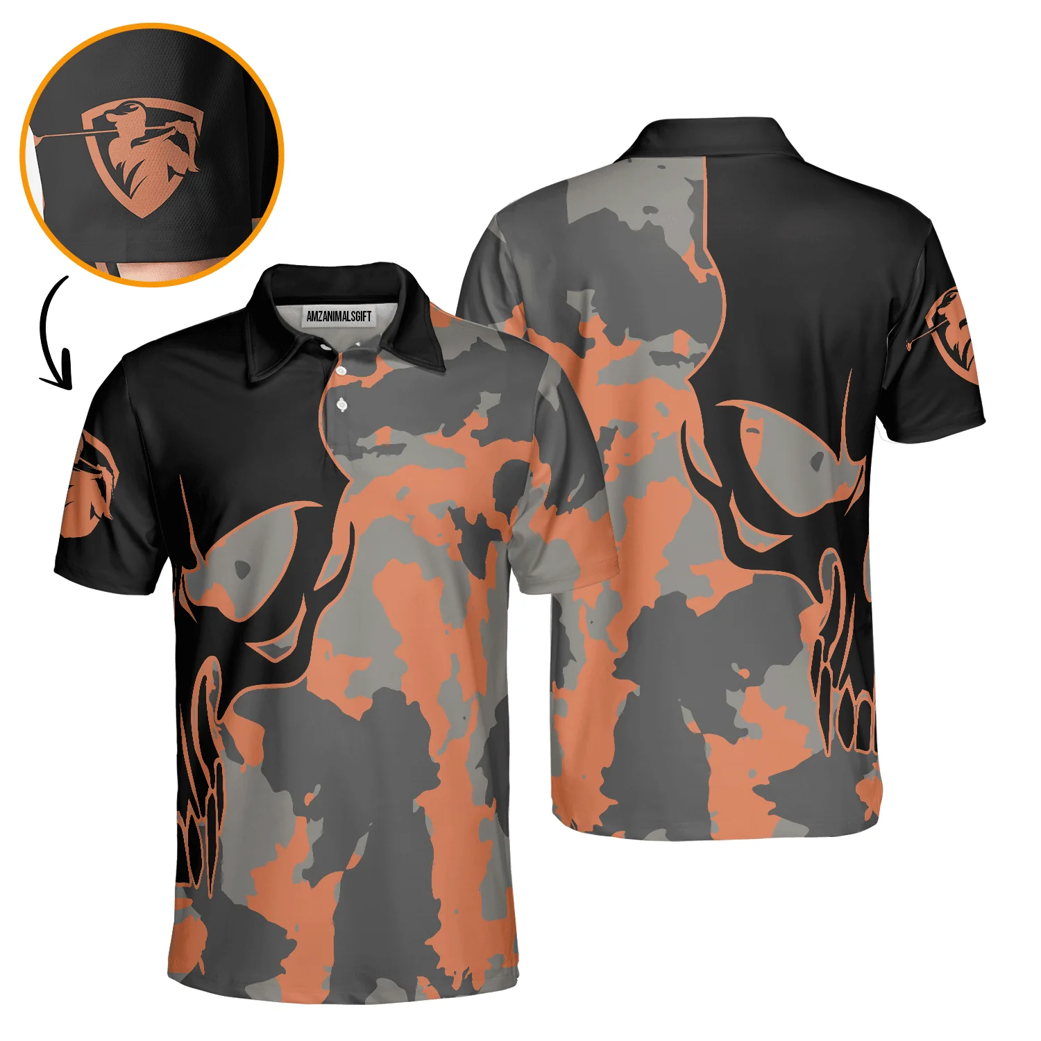 Golf Men's Long Sleeve Polo Shirt - Skull Orange Camouflage Golf Long Sleeve Polo Shirt, Streetwear Camo Golf Shirt For Men - Image 4