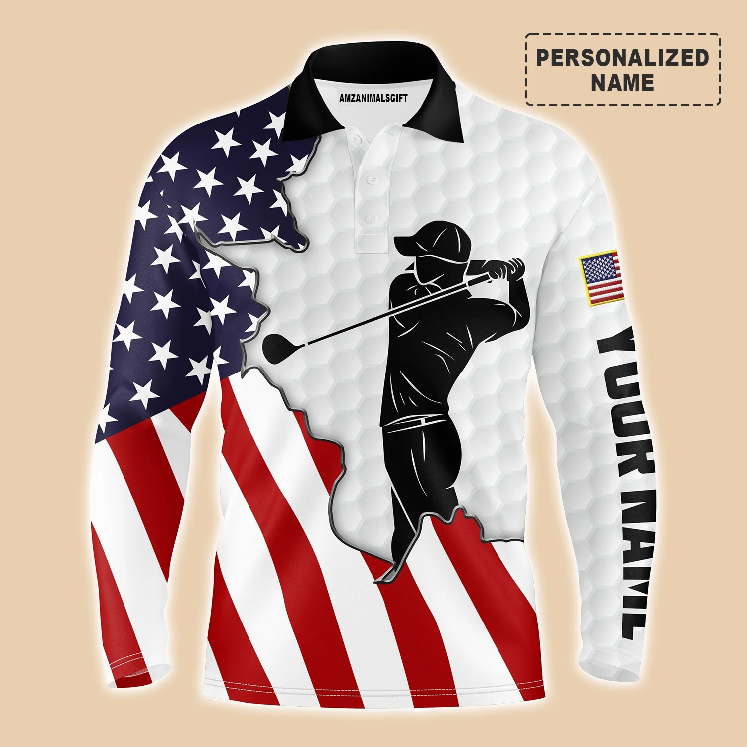 Golf Personalized Name Long Sleeve Polo Shirt, American Flag Patriotic Swing Apparel, Perfect Outfit For Golf Lover, Team, Golfer, 4th July - Image 2