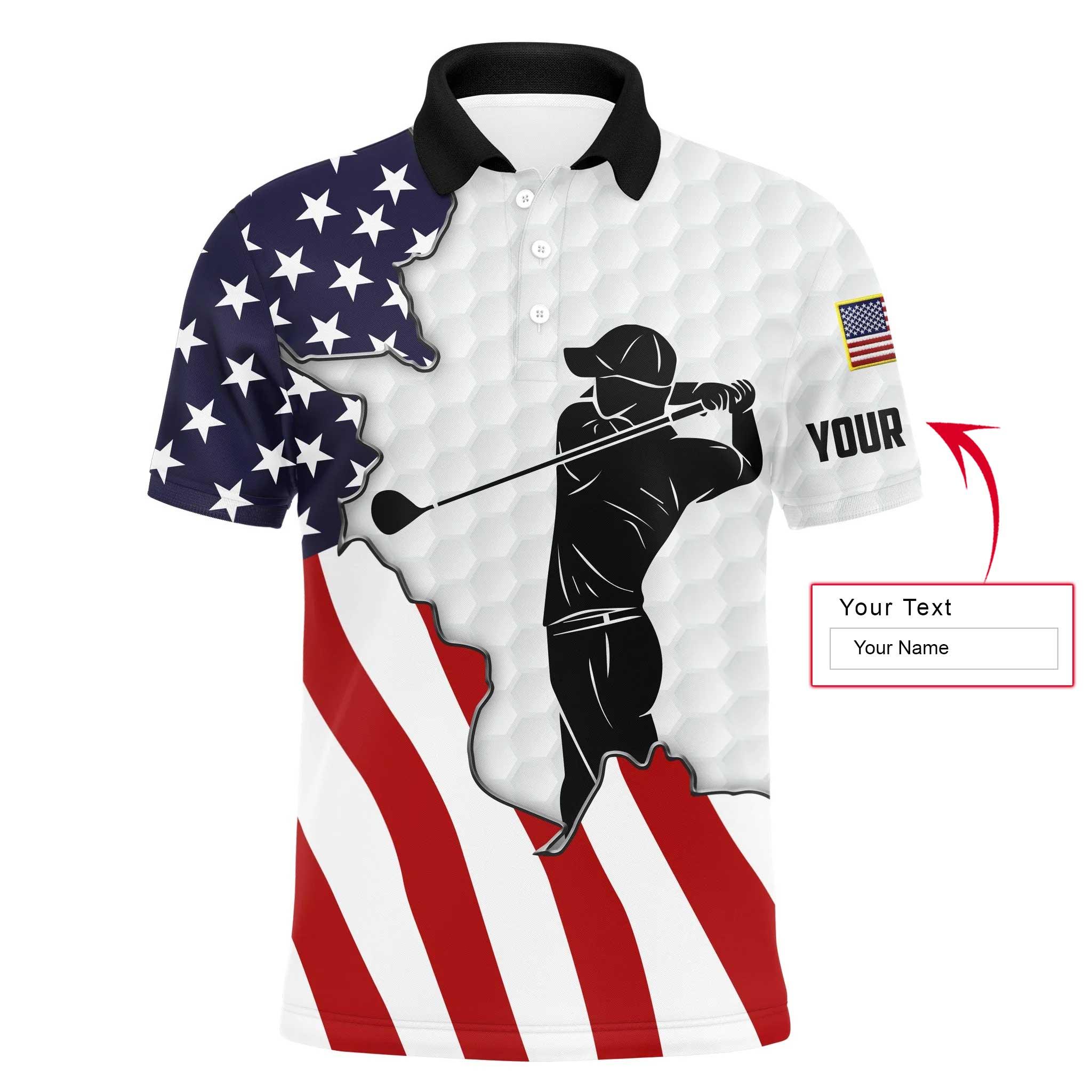 Golf Personalized Name Long Sleeve Polo Shirt, American Flag Patriotic Swing Apparel, Perfect Outfit For Golf Lover, Team, Golfer, 4th July - Image 3