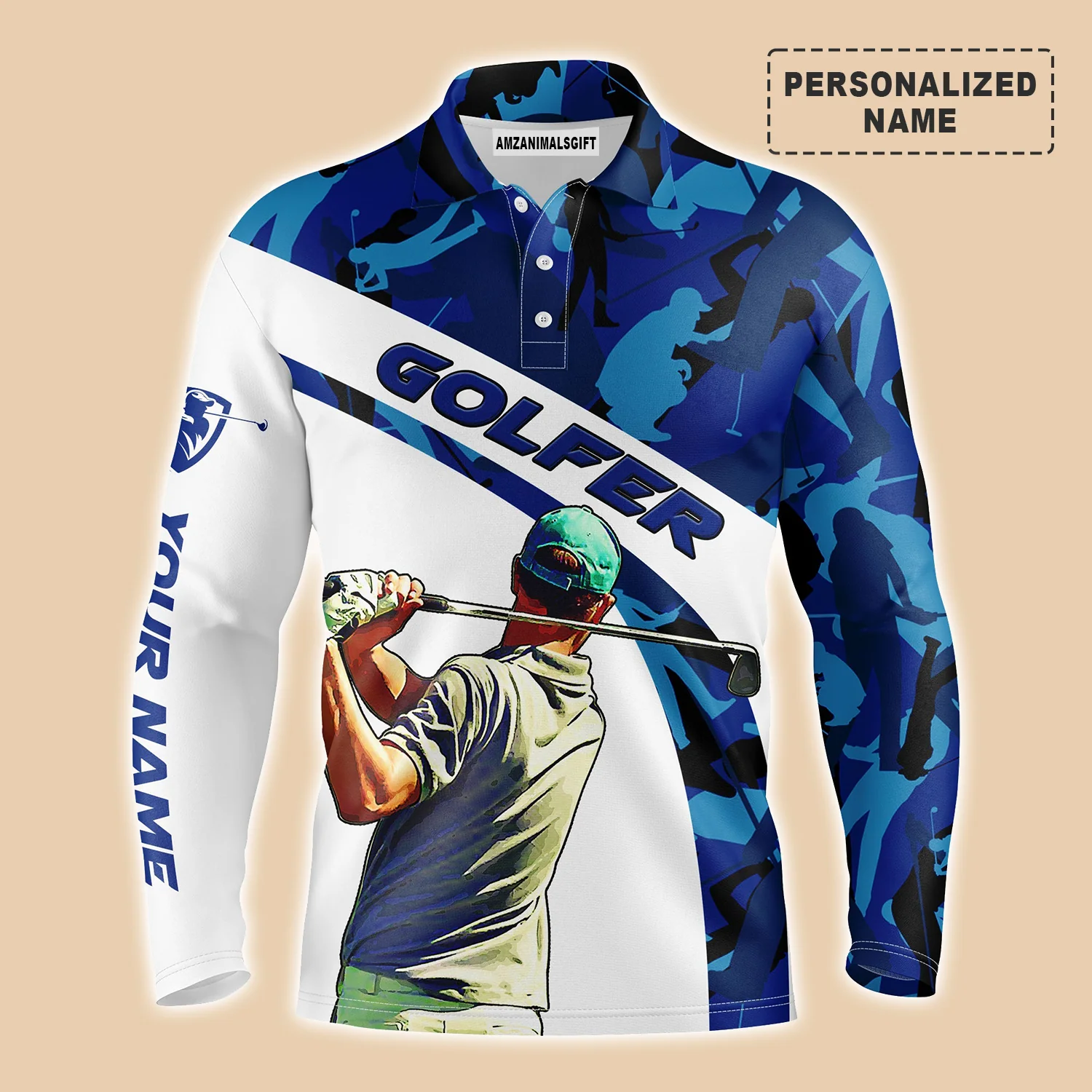 Golf Personalized Name Long Sleeve Polo Shirt Blue Camo Pattern Golfing Men Apparel, Best Outfit For Men, Golf Lover, Team, Golfer - Image 2