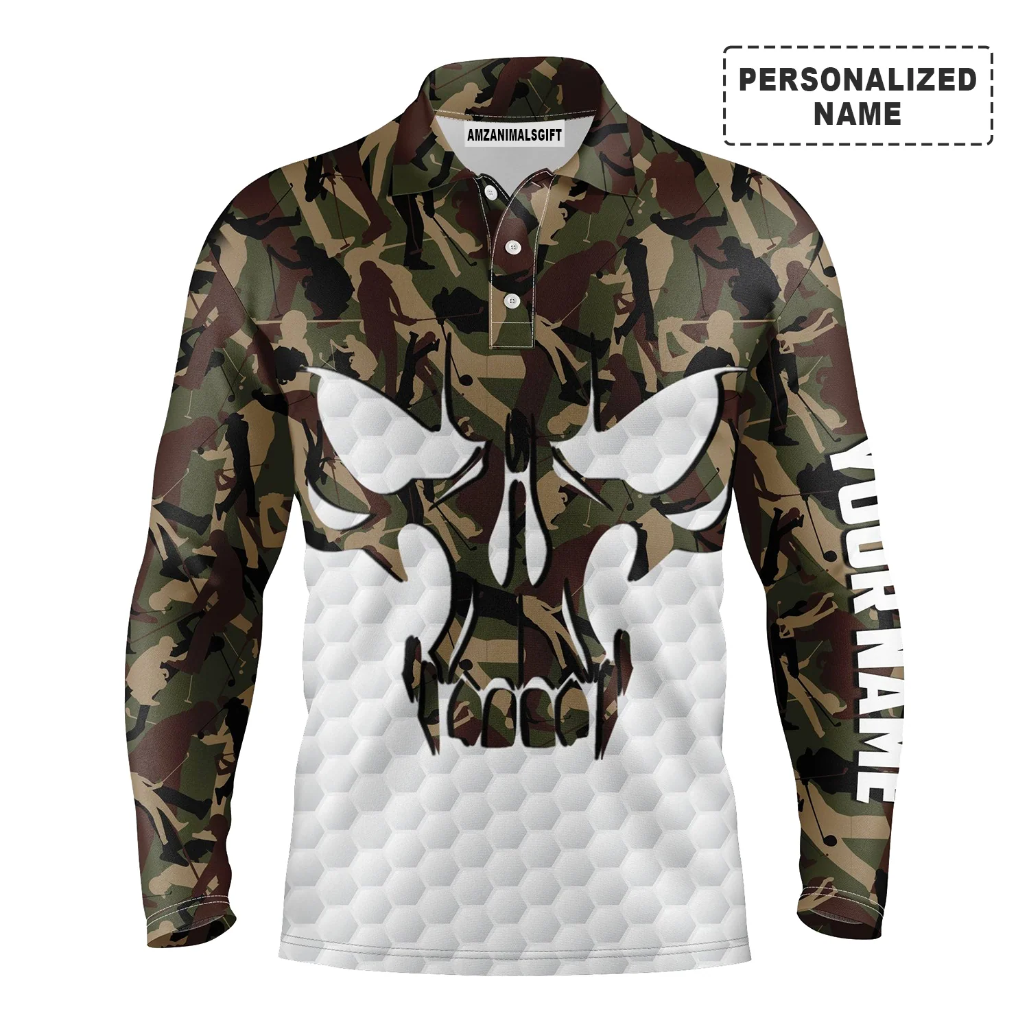 Golf Personalized Name Men Long Polo Shirt, Skull Camo Pattern Golf Apparel, Best Gift And Outfit For Golf Lover, Golfer, Golf Team - Image 2