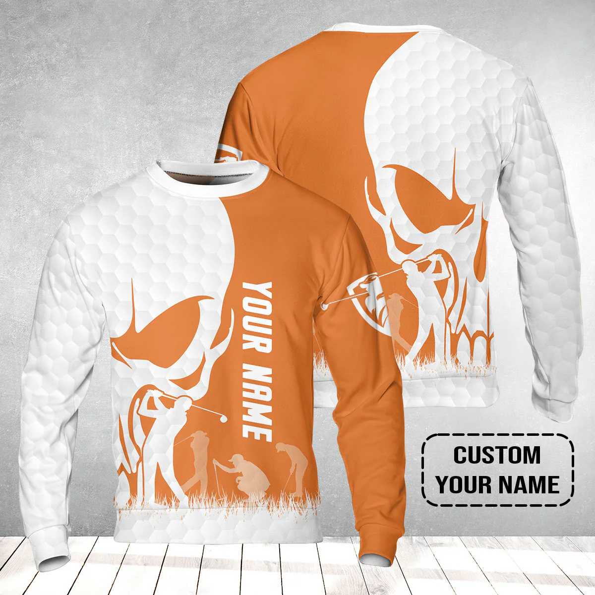 Golf Sweatshirt - Custom Name Skull White Golf Ball, Orange Apparel Sweatshirt - Personalized Gift For Golf Lover, Team, Husband, Boyfriend, Men