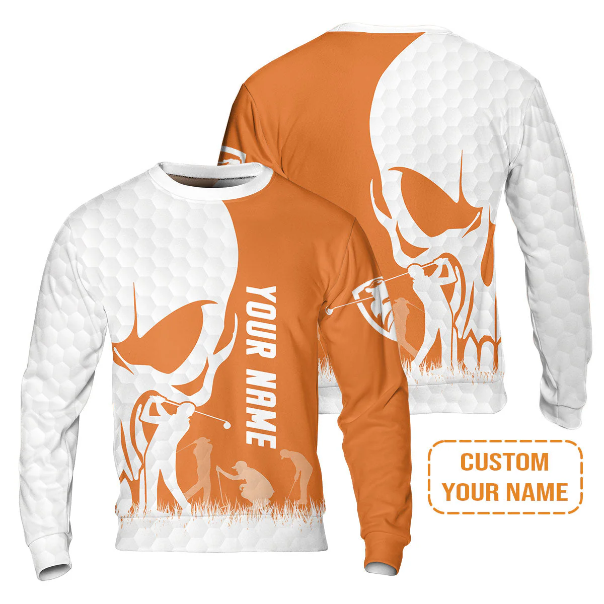 Golf Sweatshirt - Custom Name Skull White Golf Ball, Orange Apparel Sweatshirt - Personalized Gift For Golf Lover, Team, Husband, Boyfriend, Men - Image 2
