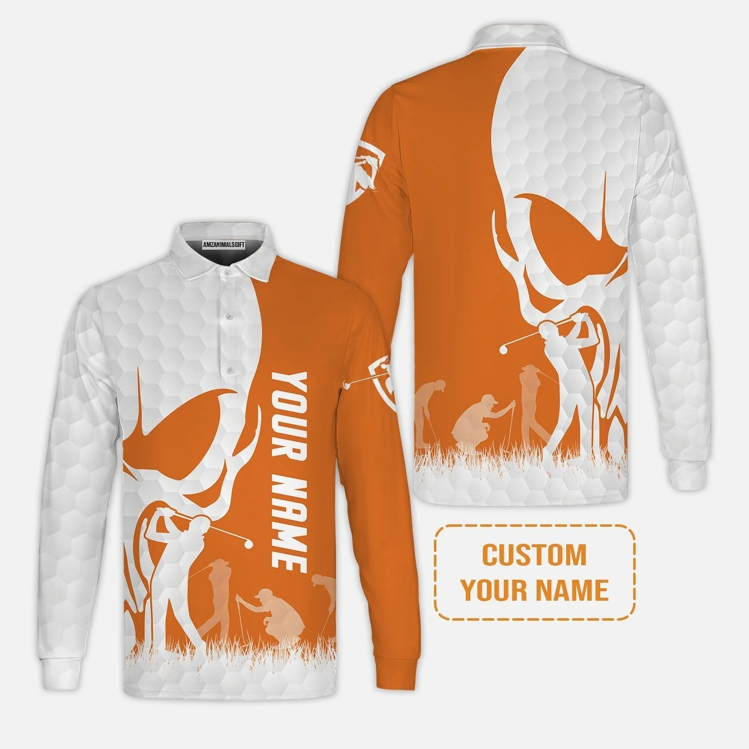 Golf Sweatshirt - Custom Name Skull White Golf Ball, Orange Apparel Sweatshirt - Personalized Gift For Golf Lover, Team, Husband, Boyfriend, Men - Image 5