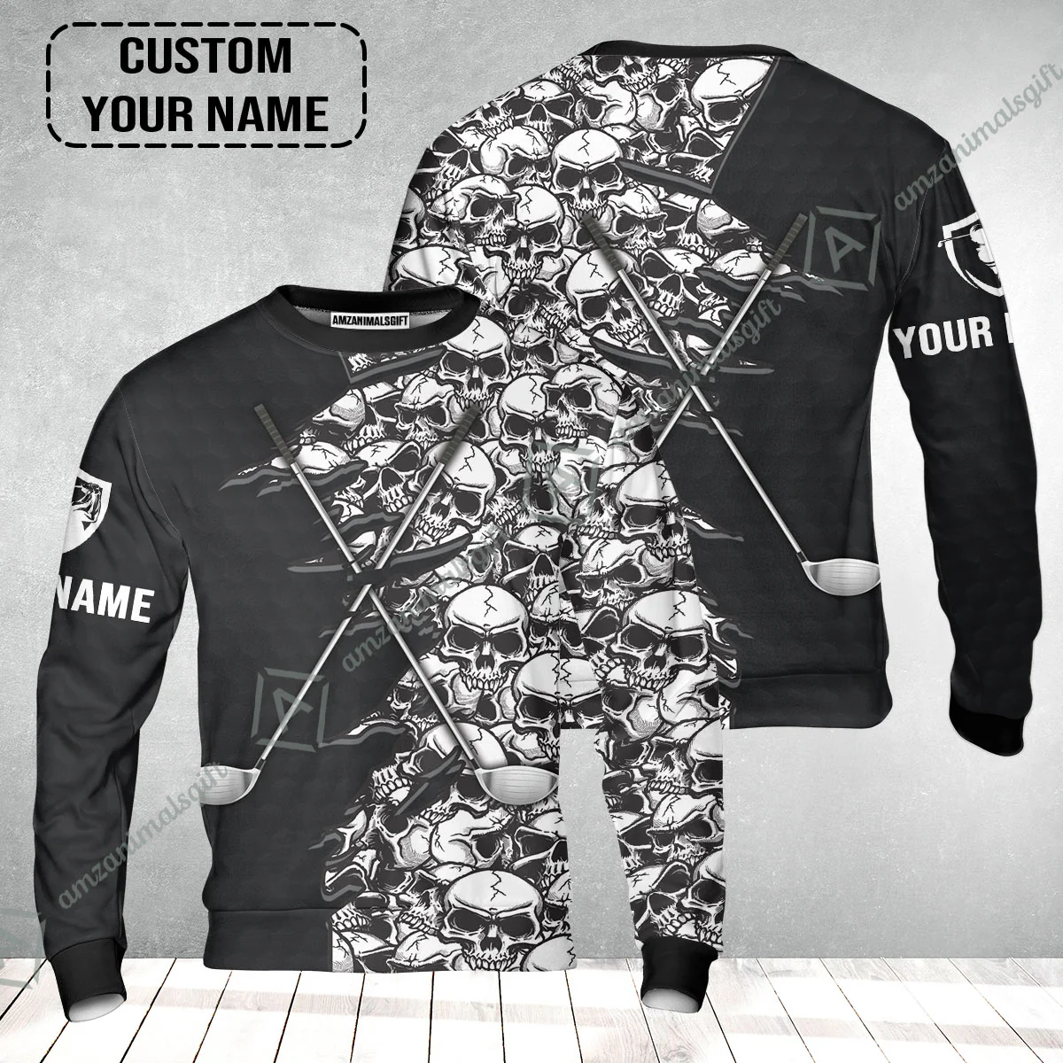 Golf Sweatshirt, Pattern Skull Golf Clubs Performance Custom Name Apparel - Personalized Sports Gift For Men, Golf Lovers - Image 2