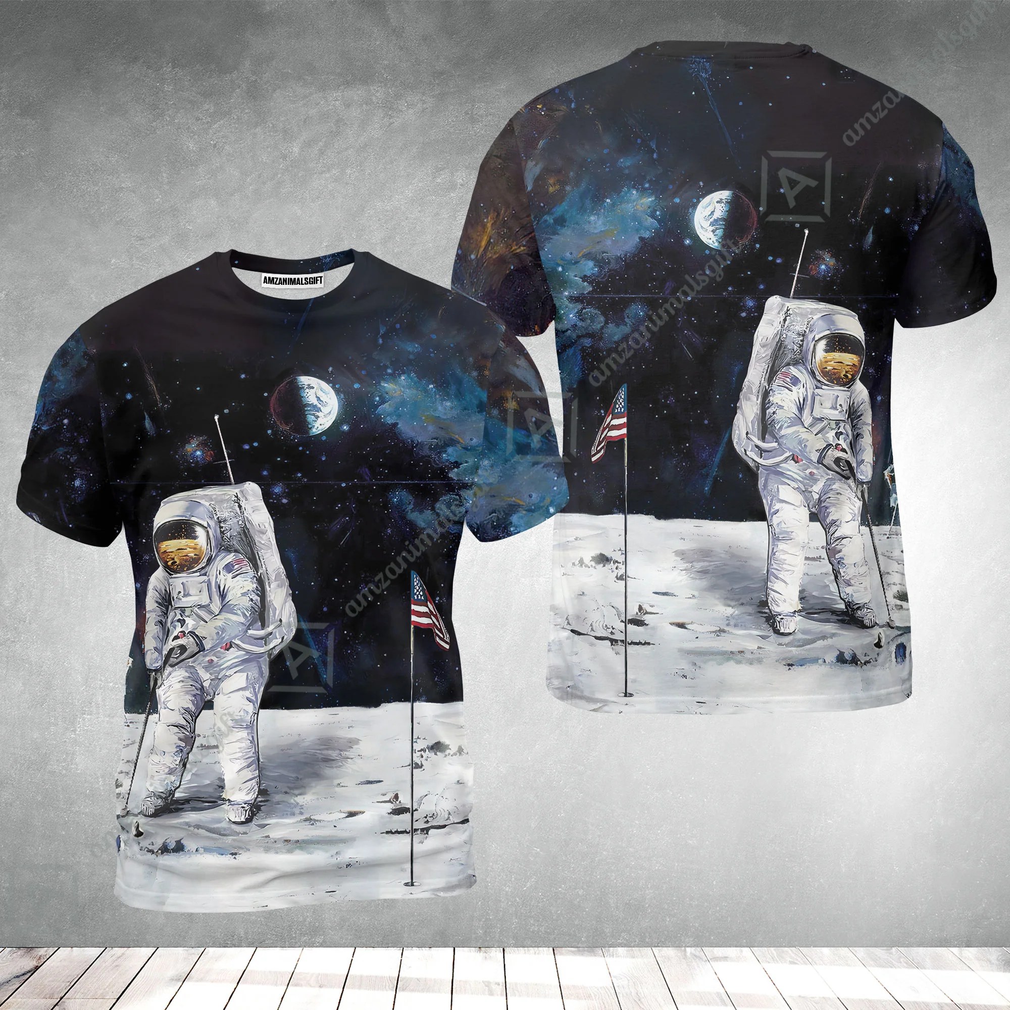 Golf T-Shirt - Astronaut Moon Golf Men Polo Shirt, American Flag T-Shirt - Image 2
