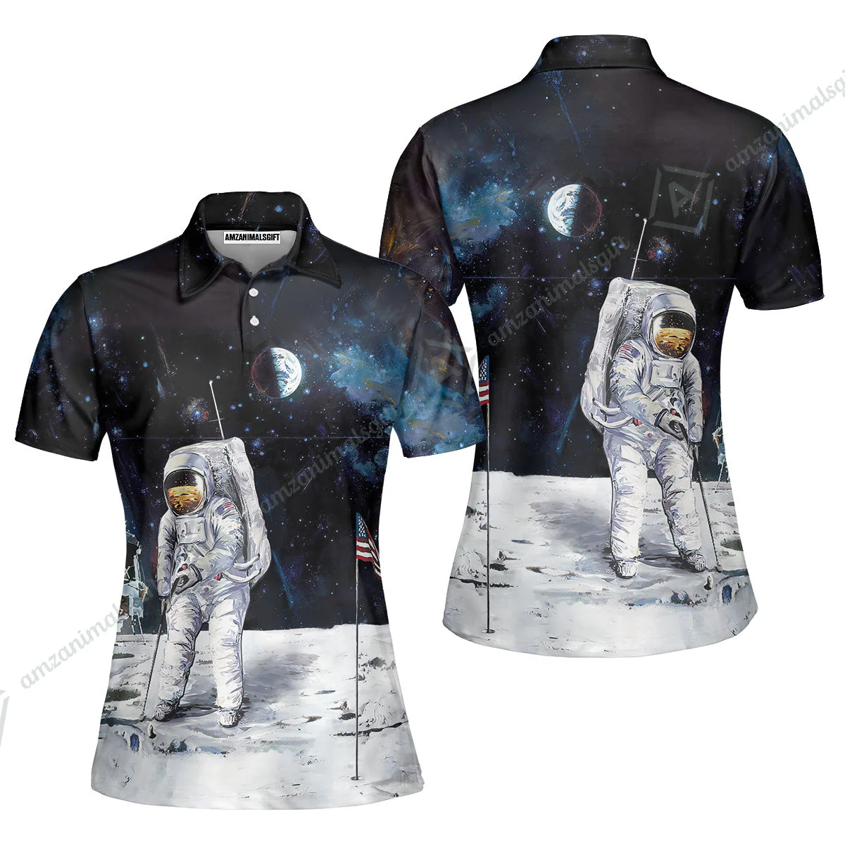 Golf T-Shirt - Astronaut Moon Golf Men Polo Shirt, American Flag T-Shirt - Image 5