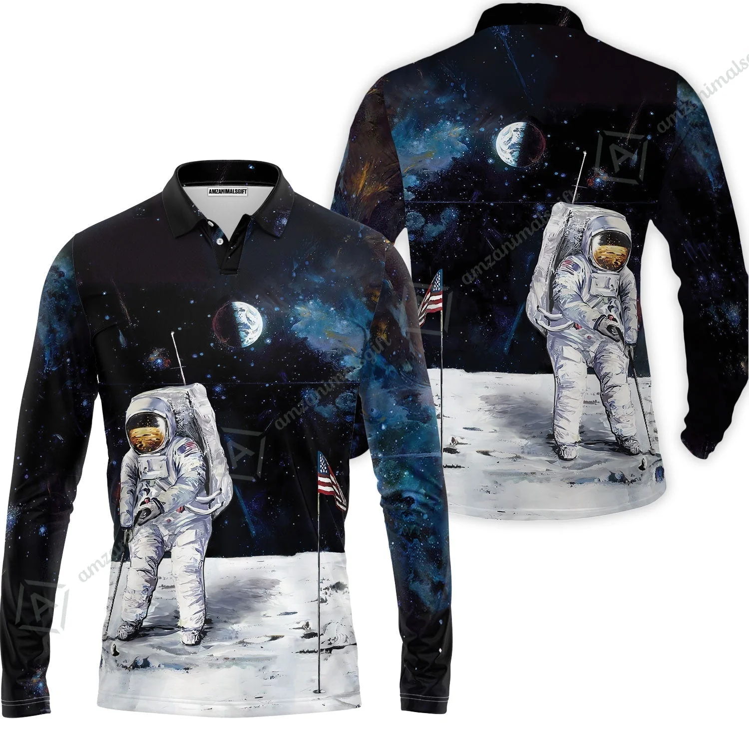 Golf T-Shirt - Astronaut Moon Golf Men Polo Shirt, American Flag T-Shirt - Image 7