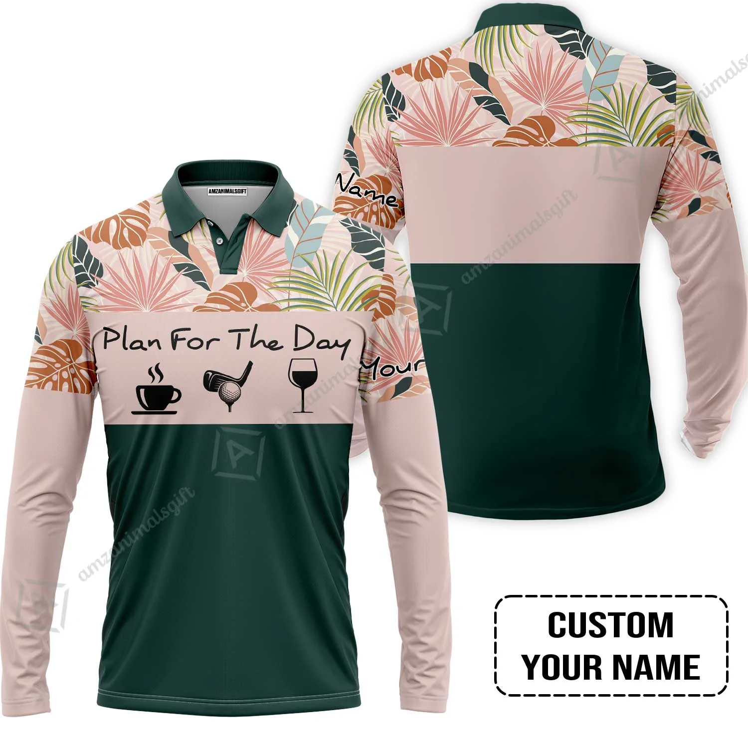 Golf T-Shirt - Custom Name Tropical Leaves Floral Apparel - Plan For The Day Coffee Golf Wine - Image 8