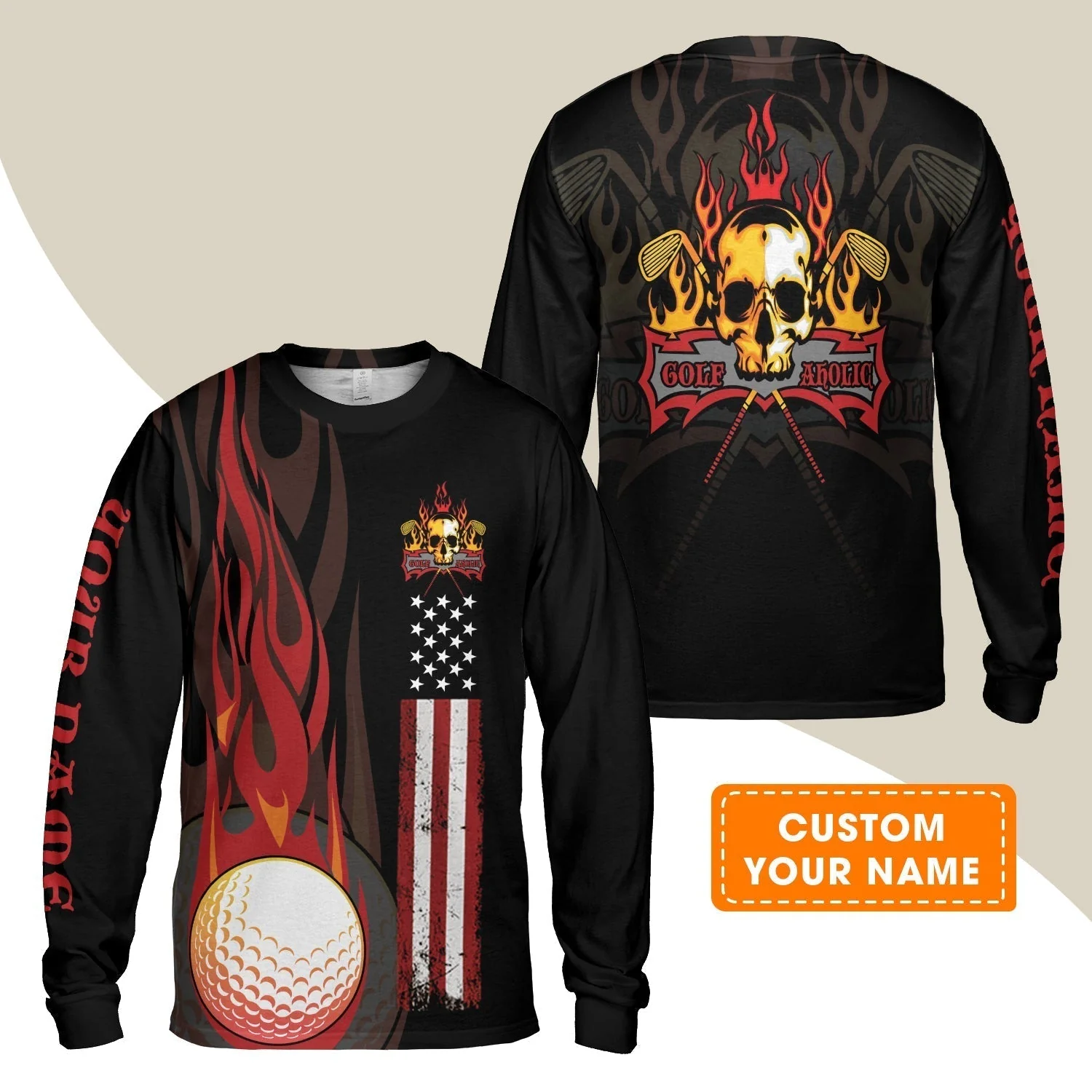 Golf T-Shirt - Flame Skull Golf Ball American Flag Custom Name T-Shirt - Personalized Gift For Golf Lover, Men, Patriotic - Image 3