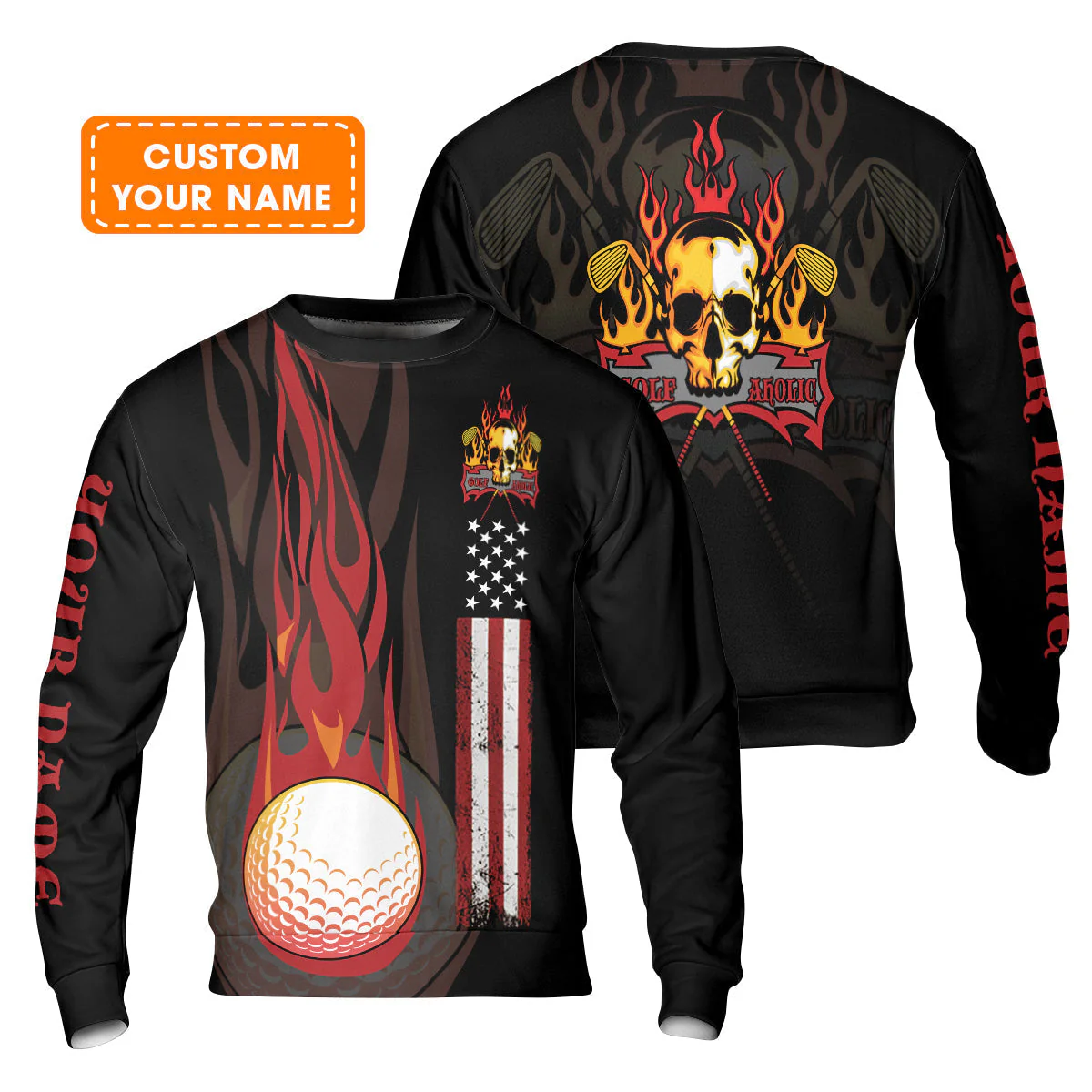 Golf T-Shirt - Flame Skull Golf Ball American Flag Custom Name T-Shirt - Personalized Gift For Golf Lover, Men, Patriotic - Image 7
