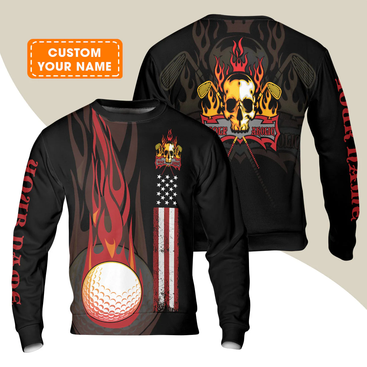 Golf T-Shirt - Flame Skull Golf Ball American Flag Custom Name T-Shirt - Personalized Gift For Golf Lover, Men, Patriotic - Image 8