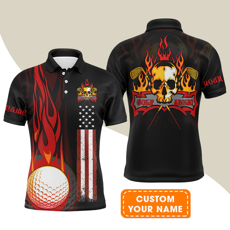 Golf T-Shirt - Flame Skull Golf Ball American Flag Custom Name T-Shirt - Personalized Gift For Golf Lover, Men, Patriotic - Image 9