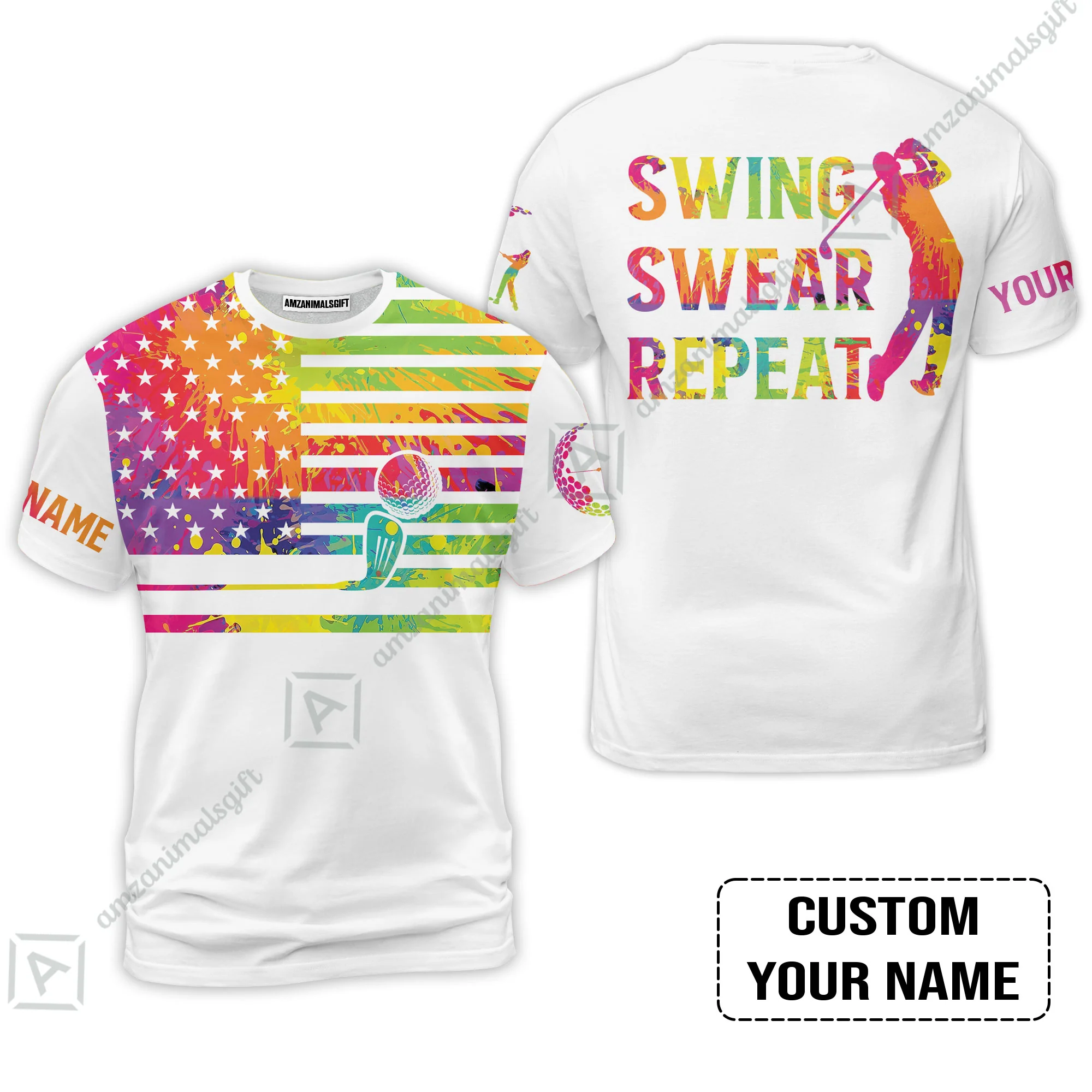 Golf Women Polo Shirt - Funny Watercolor American Flag Custom Name White Apparel - Swing Swear Repeat Golf Women Polo Shirt - Image 8