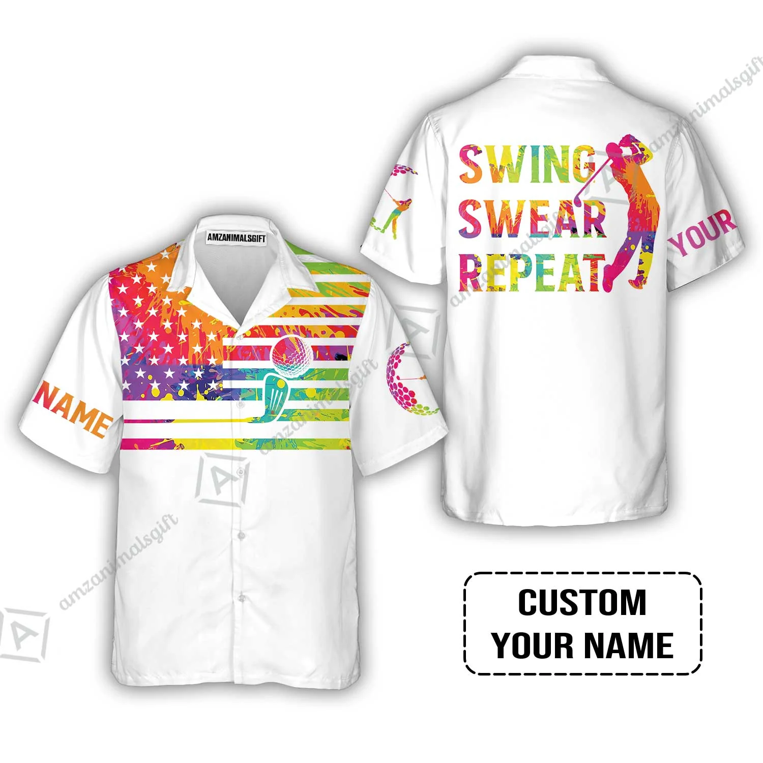 Golf Women Polo Shirt - Funny Watercolor American Flag Custom Name White Apparel - Swing Swear Repeat Golf Women Polo Shirt - Image 7