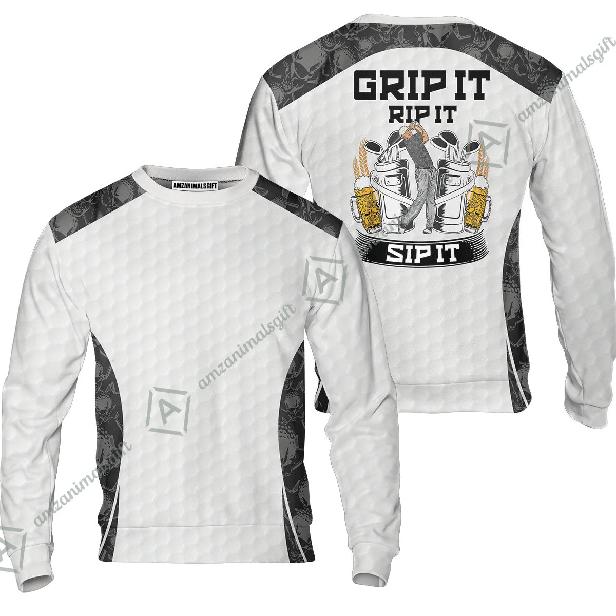 Golf T-Shirt - Golf Ball Pattern Skull, Grip It Rip It Sip It Golf White T-Shirt - Image 6