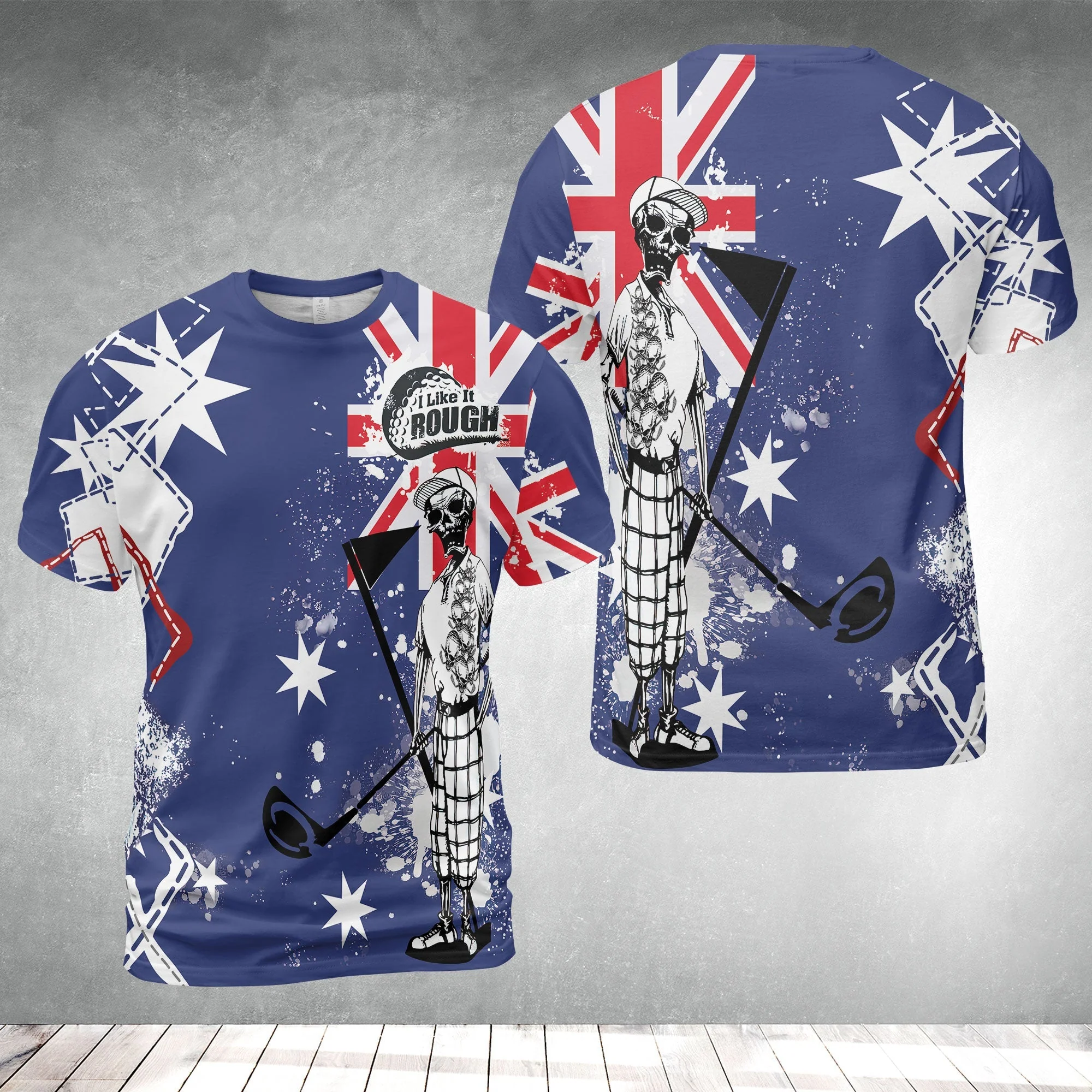 Golf Unisex T-shirt, Argyle Pattern Skeleton Golfing, Golf I Like It Rough Australian Flag Unisex T-shirt For Men - Best Gift For Golfers, Golf Lovers - Image 2