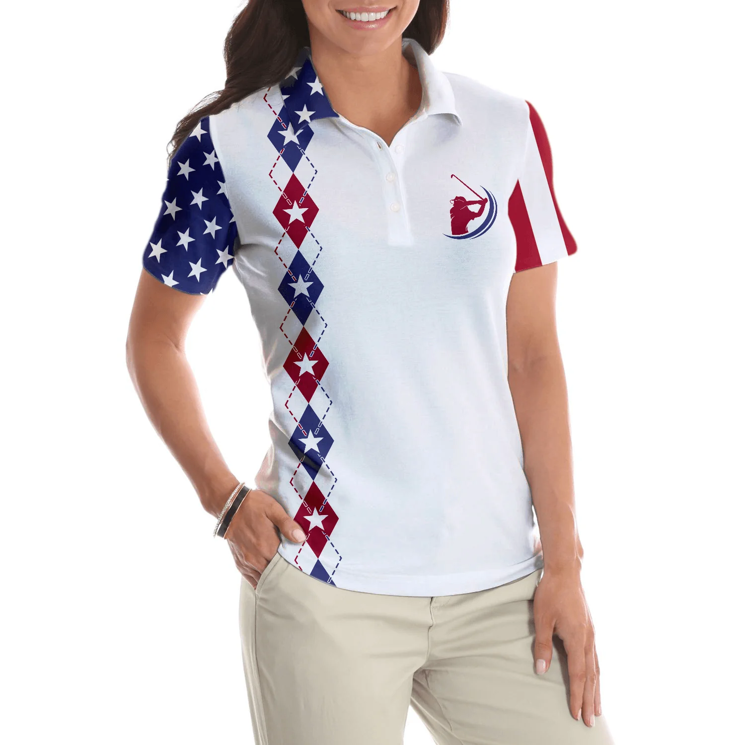 Golf Women Polo Shirt, American Flag Argyle Pattern Women Polo Shirts, Too Old To Work Too Young To Die But Perfect For Golfing - Image 5
