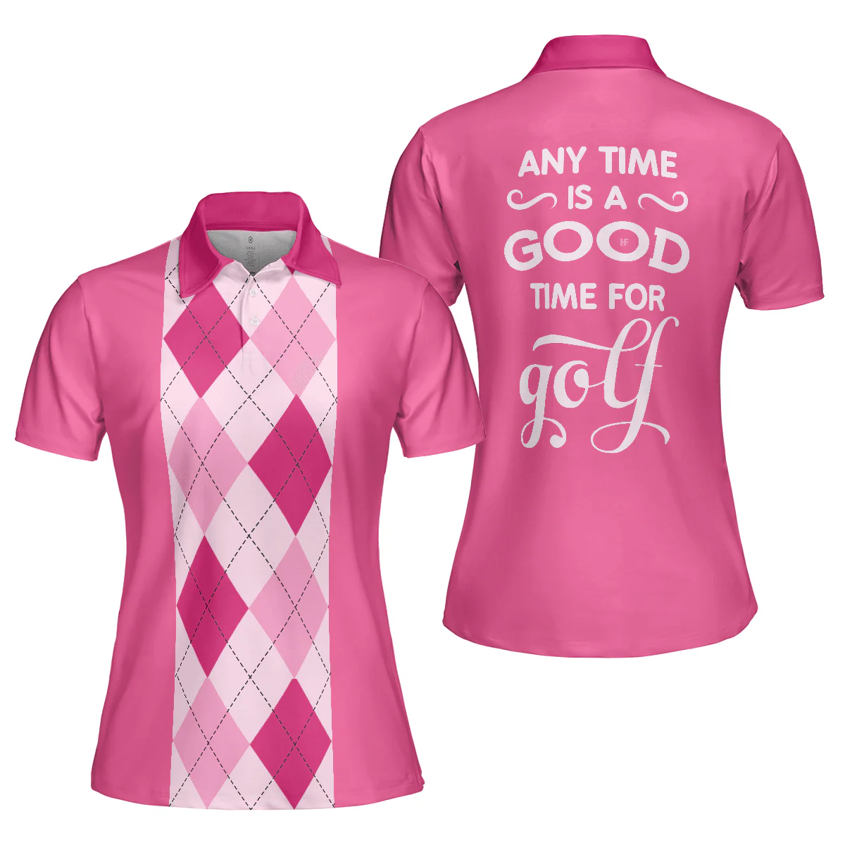 Golf Women Polo Shirt, Anytime Is A Good Time For Golf, Pink Argyle Pattern Women Polo Shirts, Gift For Female Golfers, Ladies, Golf Lovers - Image 2