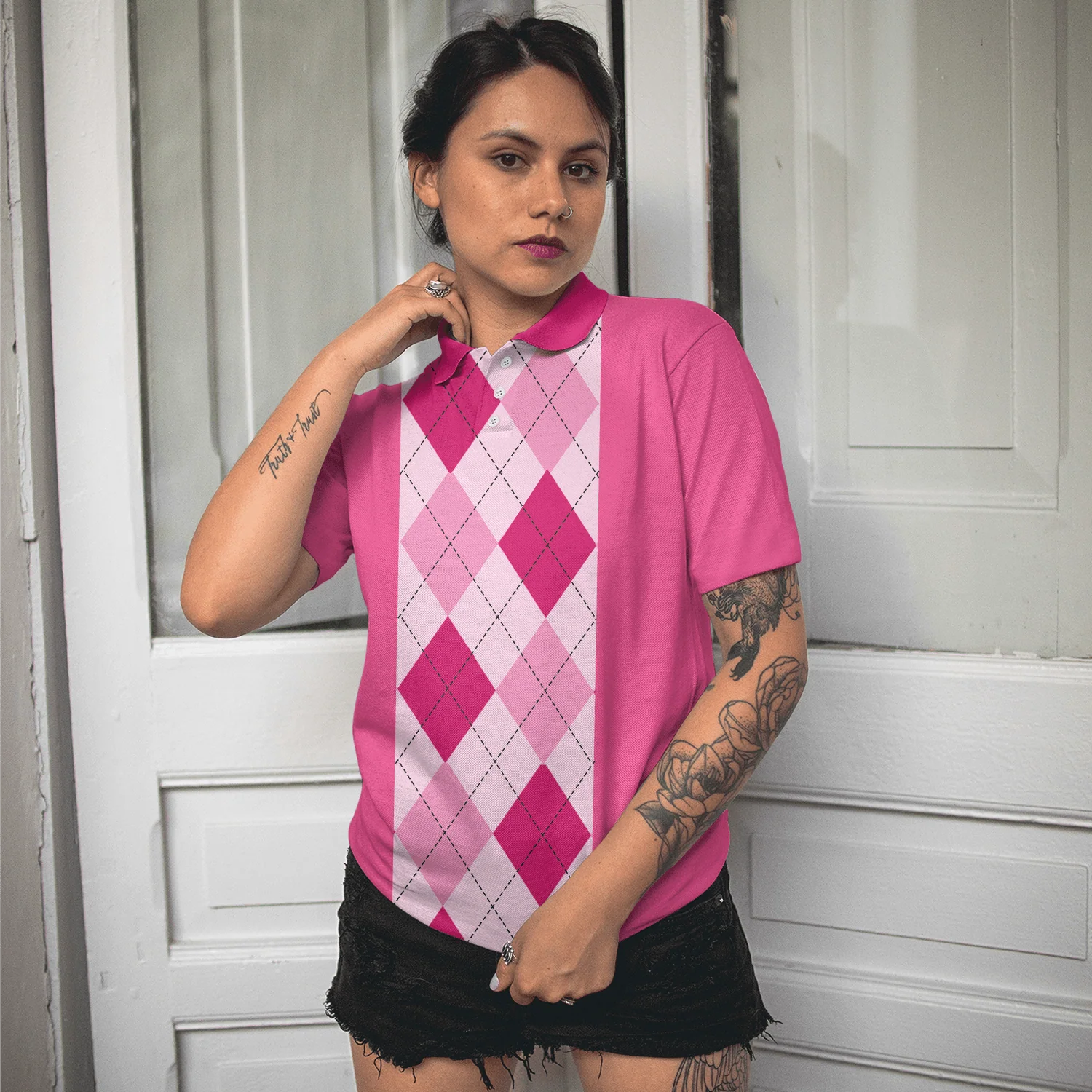 Golf Women Polo Shirt, Anytime Is A Good Time For Golf, Pink Argyle Pattern Women Polo Shirts, Gift For Female Golfers, Ladies, Golf Lovers - Image 5