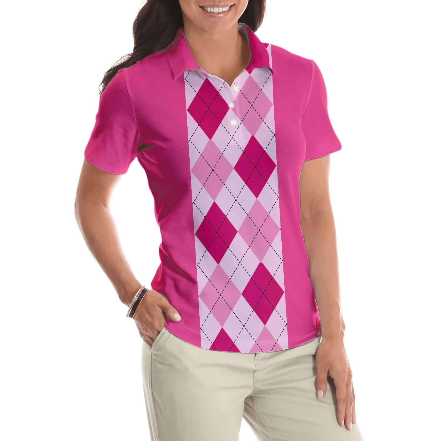 Golf Women Polo Shirt, Anytime Is A Good Time For Golf, Pink Argyle Pattern Women Polo Shirts, Gift For Female Golfers, Ladies, Golf Lovers - Image 6