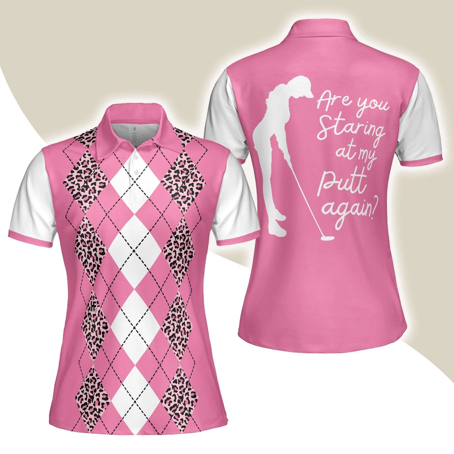 Golf Women Polo Shirt, Are You Staring At My Putt Again Golf, White And Pink Argyle Pattern Women Polo Shirts, Gift For Golfers, Ladies