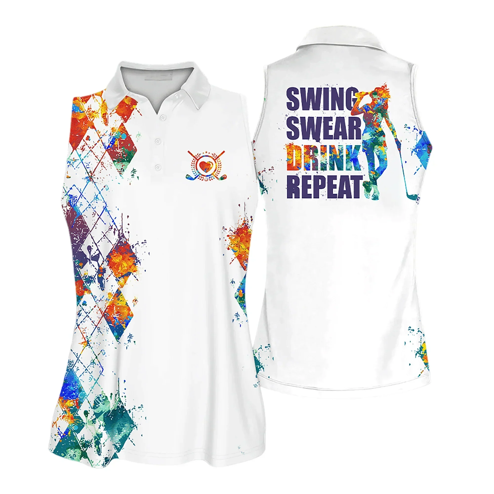 Golf Women Polo Shirt, Argyle Pattern Swing Swear Drink Repeat Funny Women Polo Shirt - Gift For Mother's Day, Golfers, Female, Golf Lover