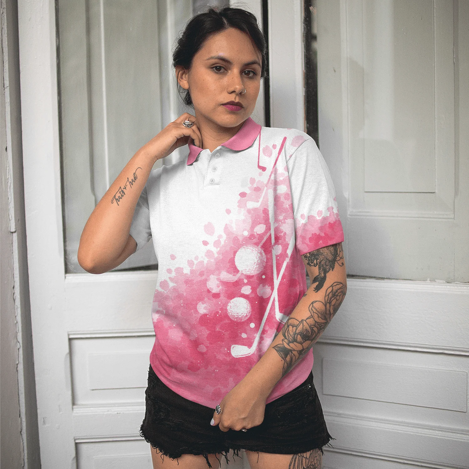 Golf Women Polo Shirt, Artistic Pink And White Golf Shirt For Ladies - Perfect Gift For Golfers, Golf Lovers - Image 6