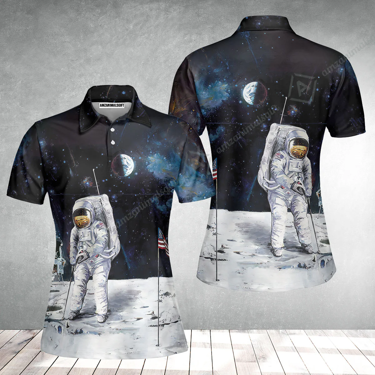 Golf Women Polo Shirt - Astronaut Moon Golf Men Polo Shirt, American Flag Women Polo Shirt - Image 2
