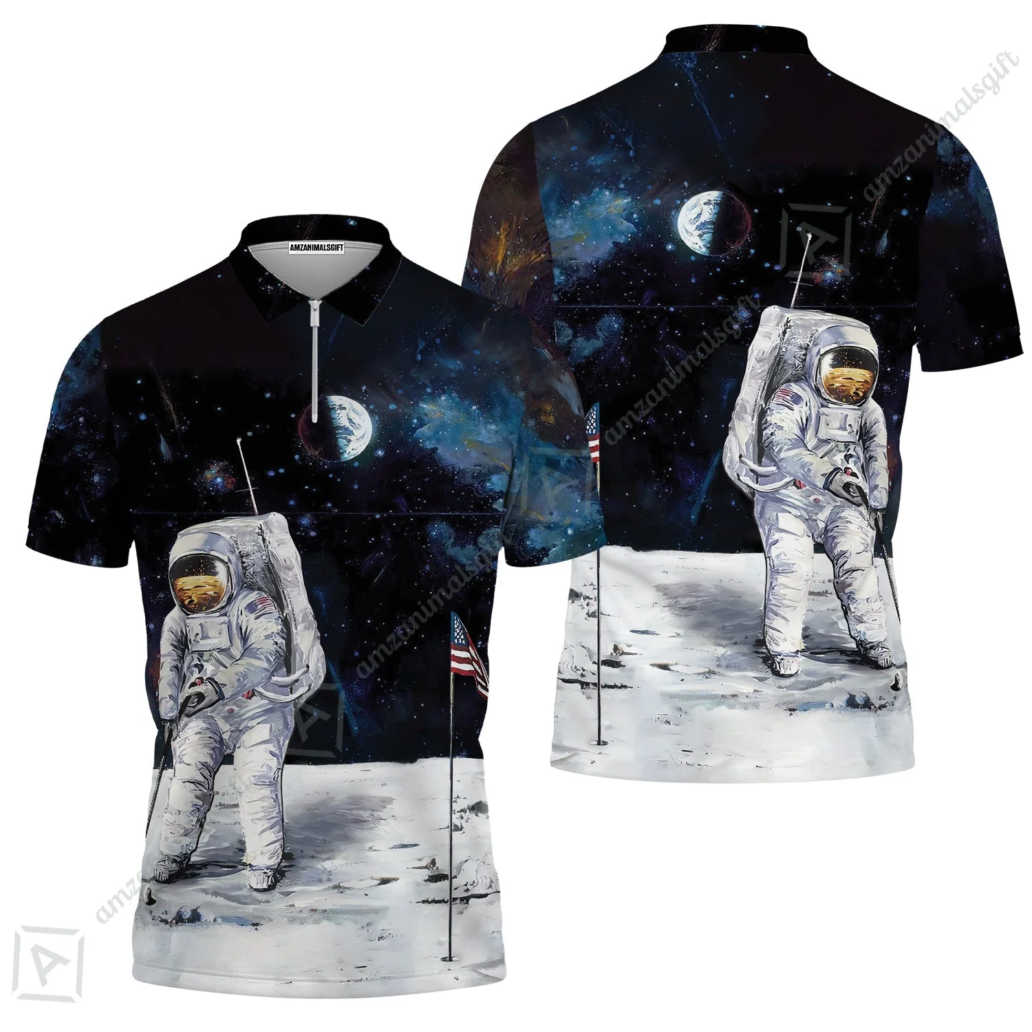Golf Women Polo Shirt - Astronaut Moon Golf Men Polo Shirt, American Flag Women Polo Shirt - Image 3